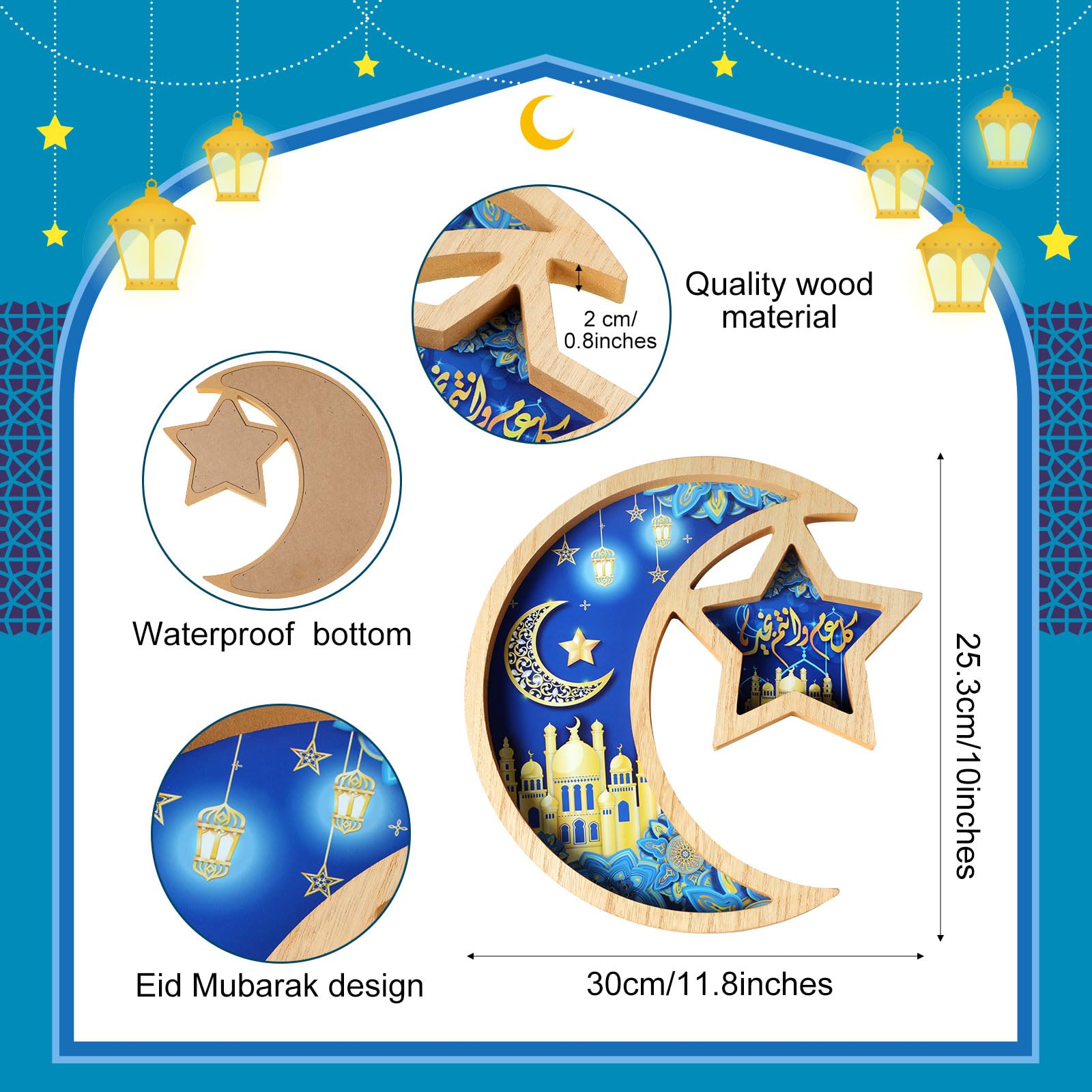 Capoda Ramadan Serving Tray Decoration - Wooden Moon and Star Tray Eid Mubarak Kareem Pastry Plate Gold Blue Food Dessert Snack Fruit Plate for Islamic Gifts Muslim Home Eid Party Supplies