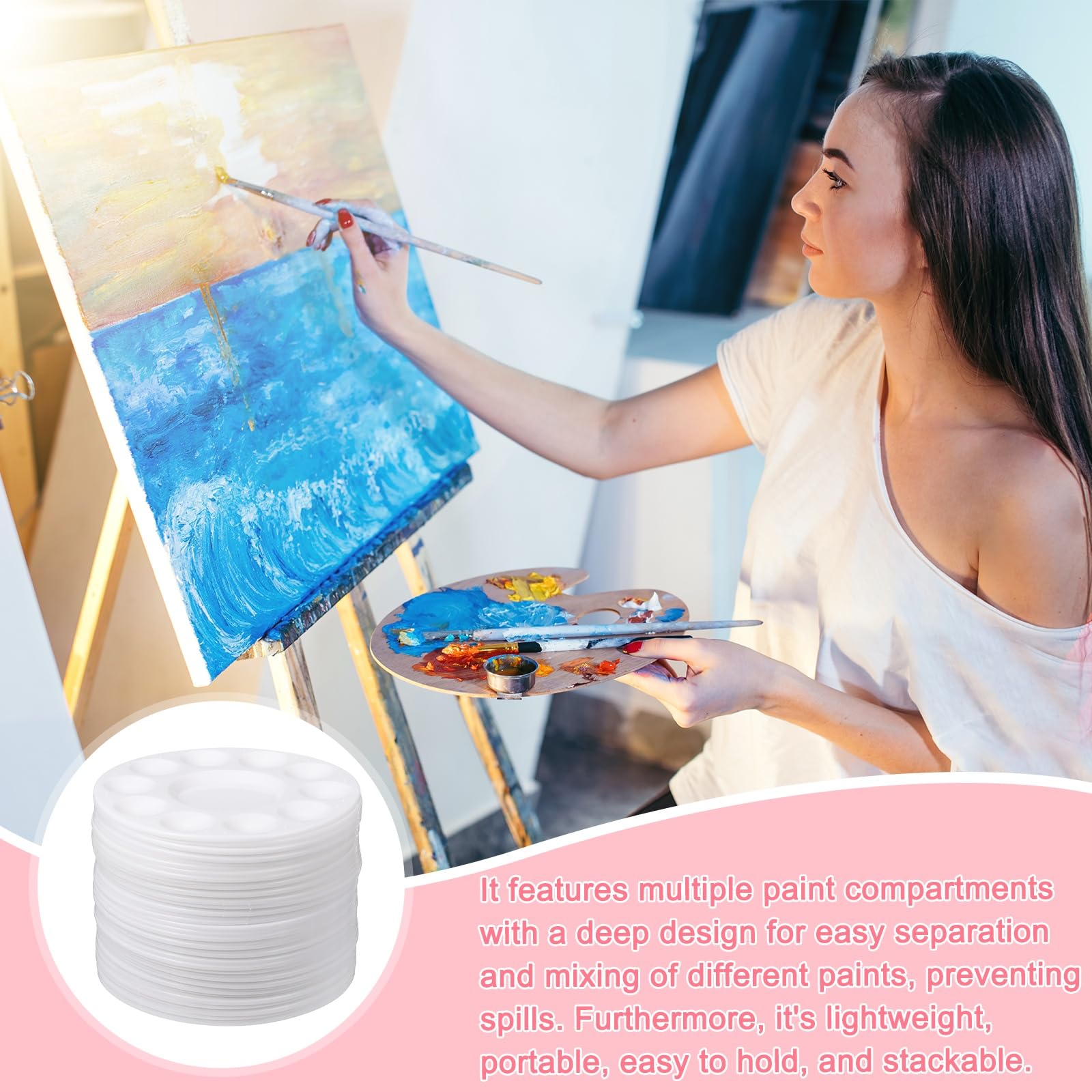 sourcing map Paleta de bandeja de pintura, paleta de acuarela de plástico redonda de 10 pozos, bandeja de pintura para manualidades, clase de arte, suministros de fiesta, soporte de pintura (blanco