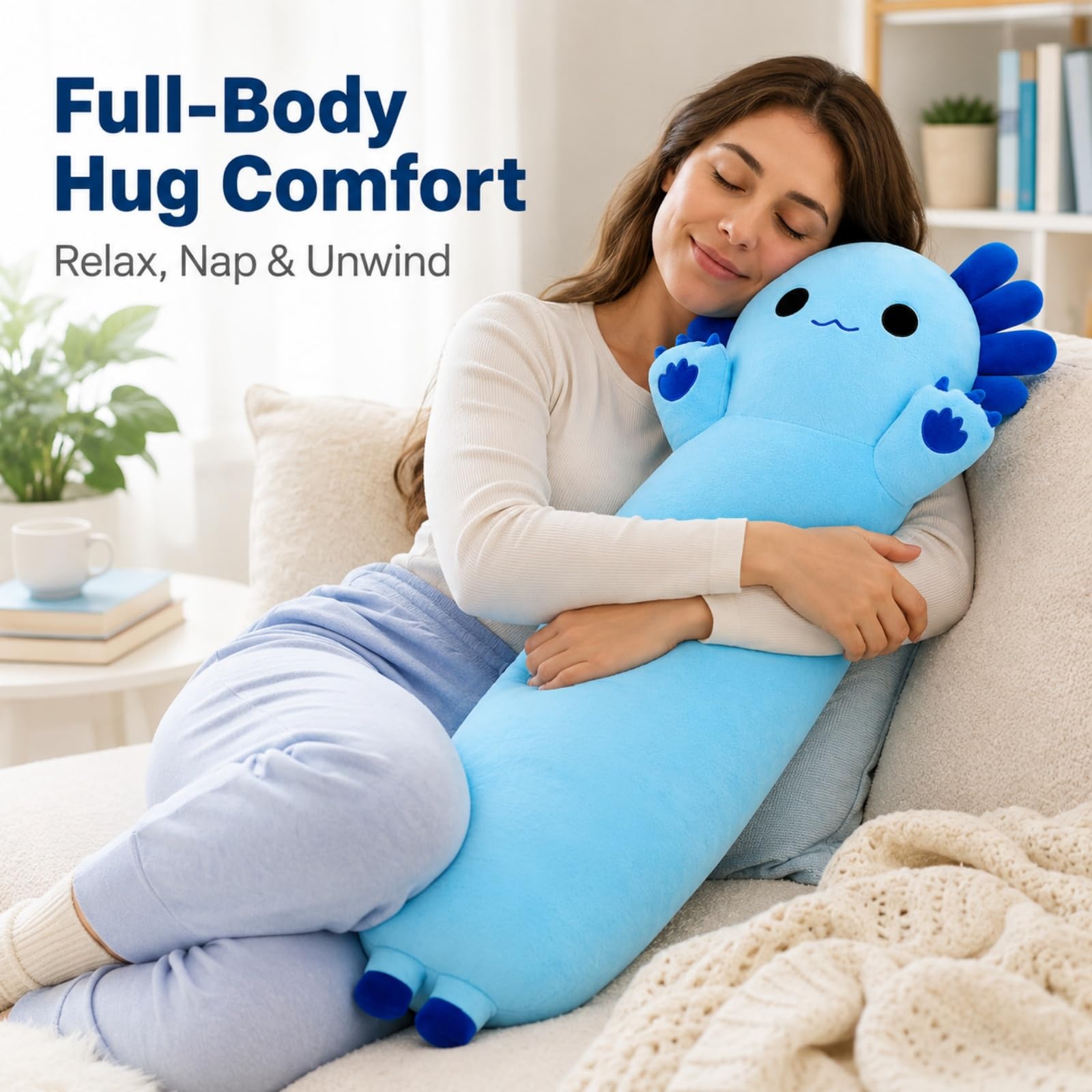 SNOWOLF Cojín Largo de Peluche de Axolotl, Juguete de Peluche Suave Kawaii de Peluche, Adorable cojín de Abrazo para niños (110 cm, Azul)