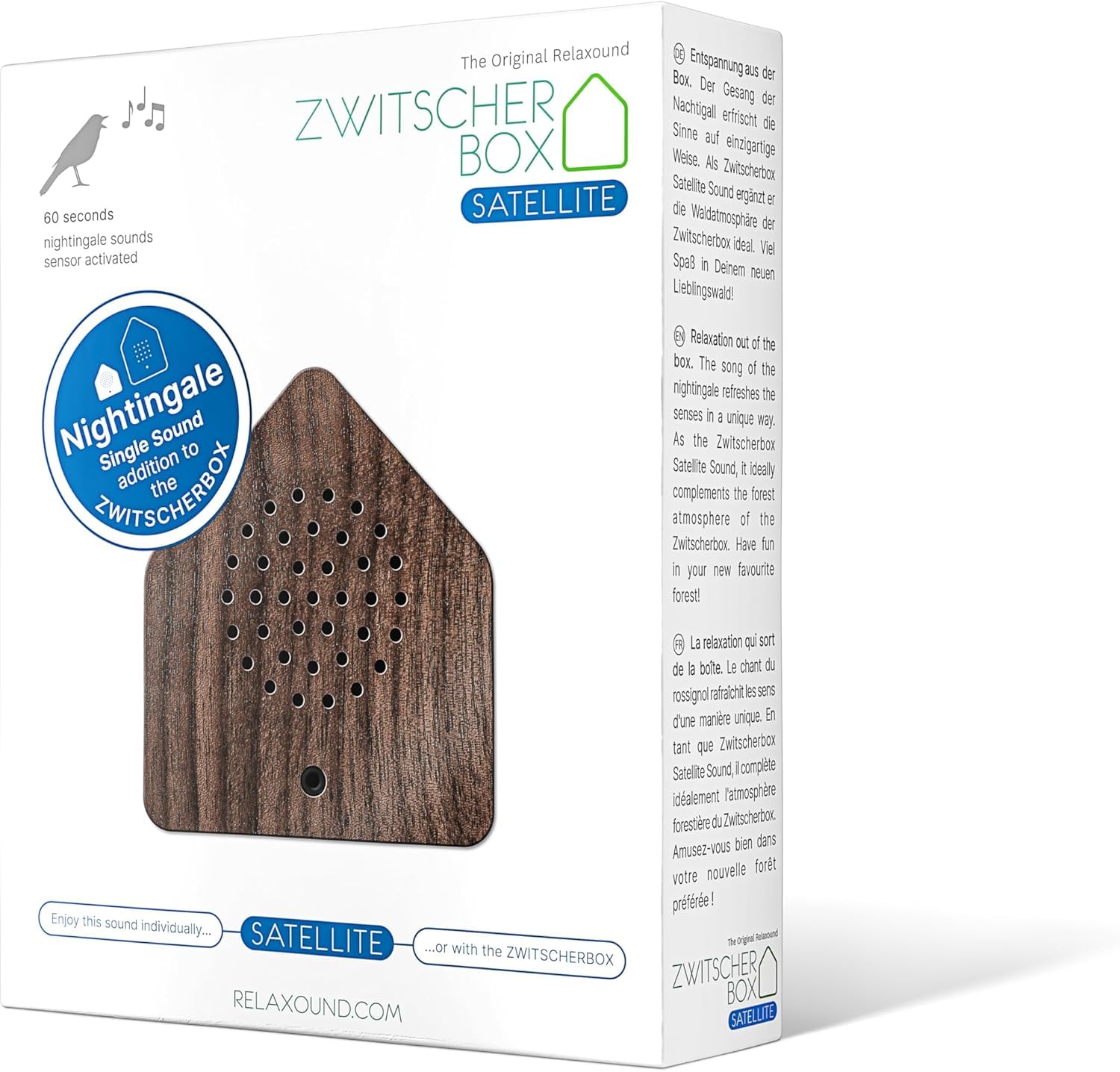 RELAXOUND Zwitscherbox Satellite Nightingale Noce – Moderna scatola canto degli uccelli – Rilassante canto degli uccelli – Rilevatore di movimento con suono – Soundbox