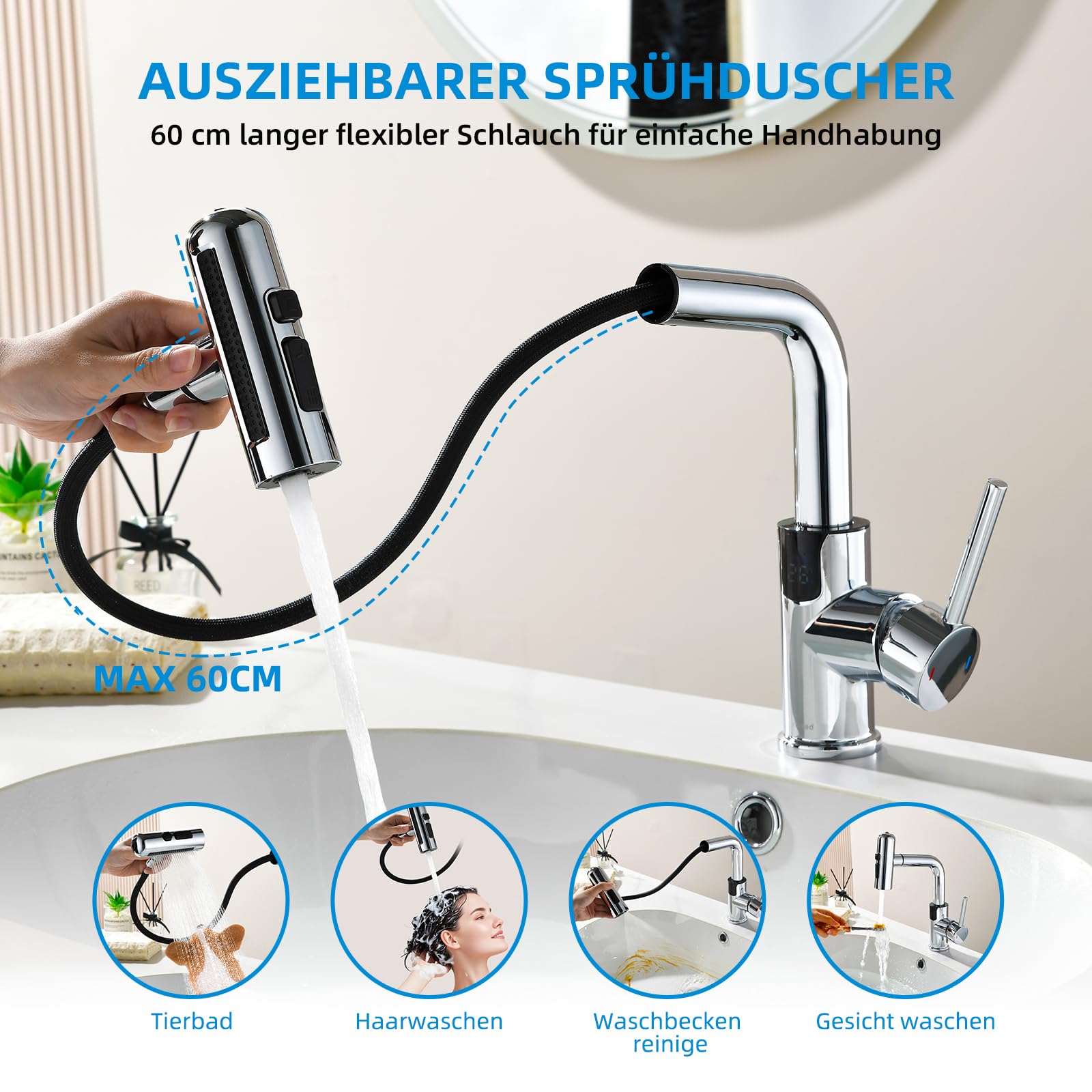 Bateria łazienkowa Mynaiad z wskaźnikiem temperatury LED, prysznic rozsuwany, bateria łazienkowa obracalna o 360°, bateria umywalkowa z jedną dźwignią i 4 rodzajami strumienia, chrom.
