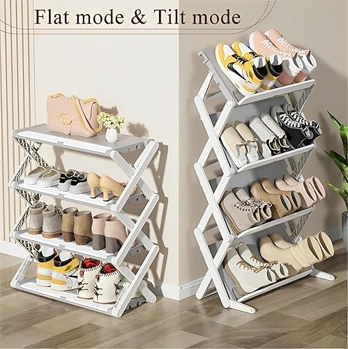 Miniatura 7 de Zapatero plegable moderno de doble modo, 4 niveles de plástico moderno que ahorra espacio organizador de almacenamiento de zapatos para armario,