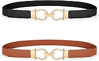 WHIPPY 2 Pack Skinny Elastic Belts for Women - Thin Stretchy Waist Belts with Gold Buckle for Dresses, Jeans & Coats