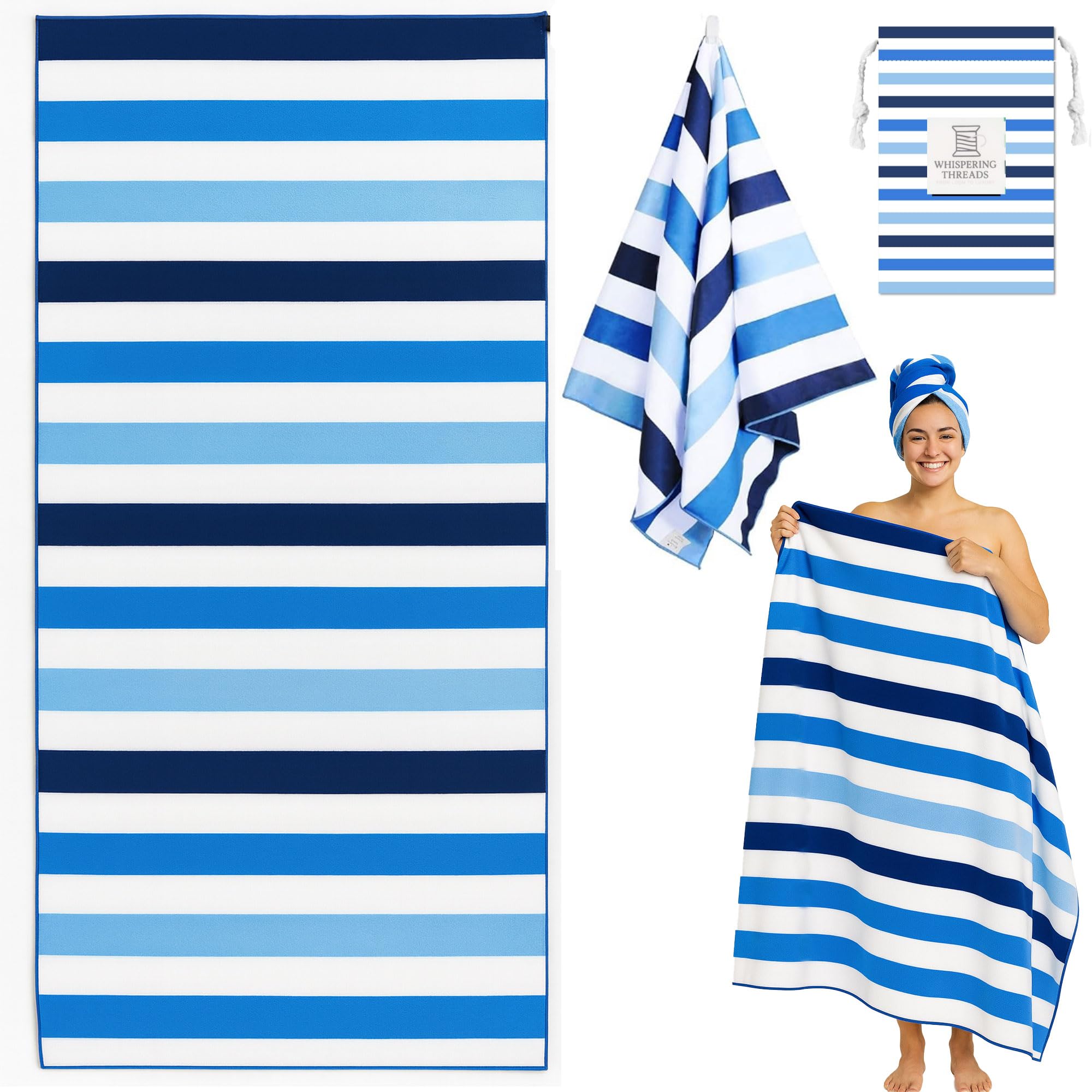 Whispering Threads (180x90cm Large Beach Towel for Adults Highly Absorbent Cabana Microfibre Pool Towel with Bag, Double Sided Print Lightweight Sand Free Bath Towel for Pool Camping Gym Yoga Blue