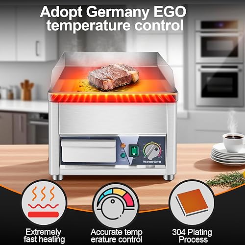 Miniatura 3 de Plancha eléctrica comercial con espátulas, 14 pulgadas, 1800 W de acero inoxidable para encimera, parrilla superior plana para interiores, control