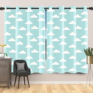 Yeele 42x63inches Cartoon Cloud Pattern Curtain Panels Teal Blackout Grommet Window Treatments 2 Panels Set Thermal Insulated Room Darkening Window Drapes for Kids Bedroom Living Room Kitchen