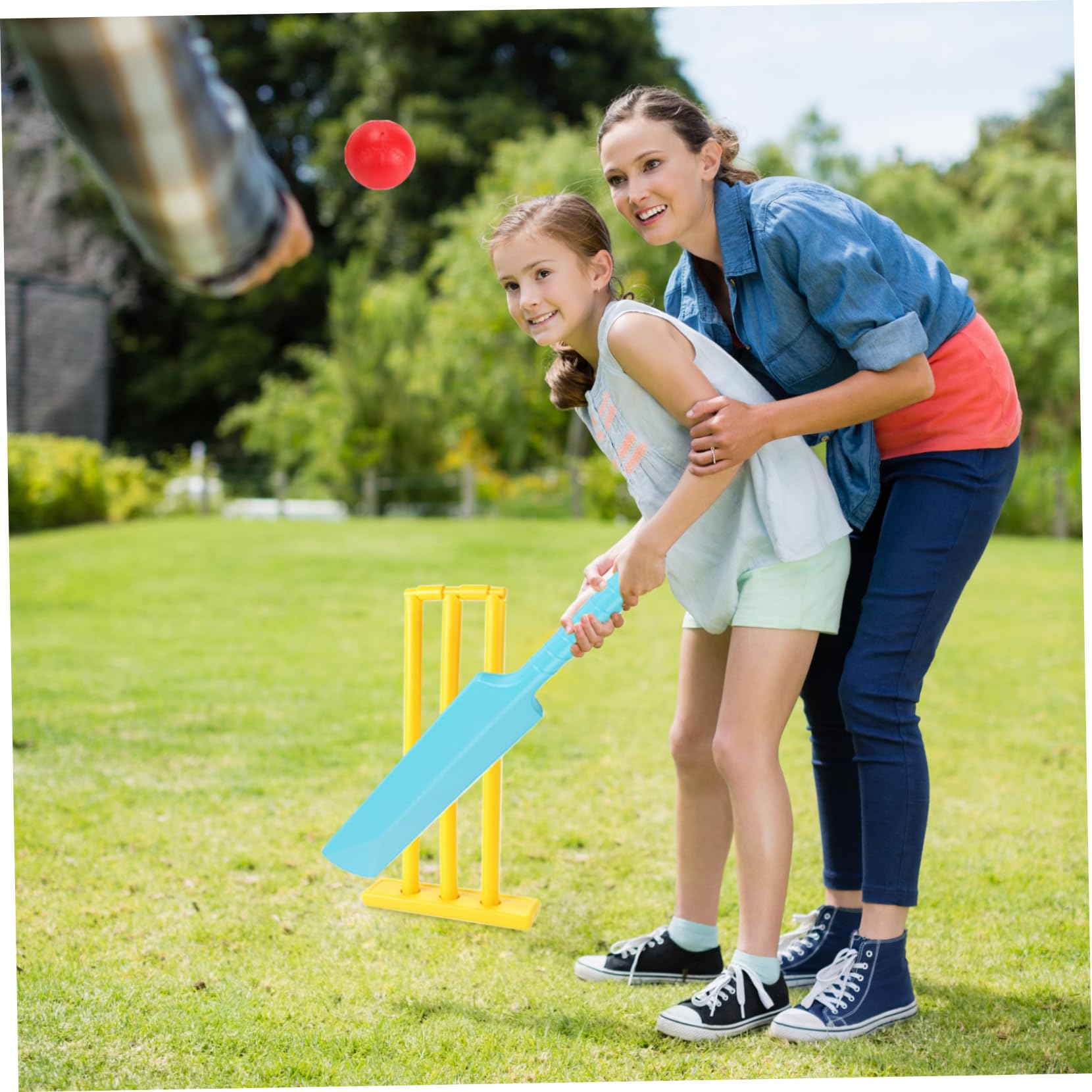 Ensemble de cricket pour enfants PP sans BPA, jeu de batte cricket pour parents et enfants avec souches et 2 balles pour jardin, plage, jeu à la maison, couleur aléatoire | Balle rebondissante en