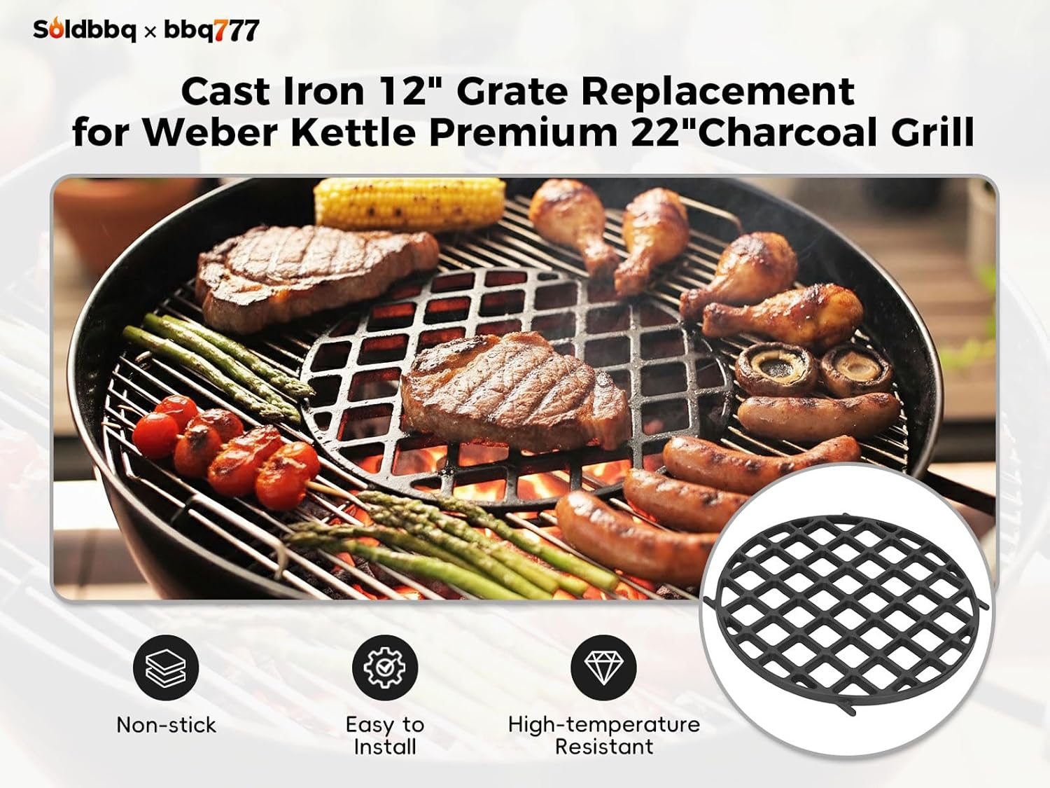 Cast Iron 12" Gourmet BBQ System Sear Grate for Weber Kettle Premium 22-inch Charcoal Grill, Grill Grate Replacement Parts for Weber 22" Performer Premium Grill