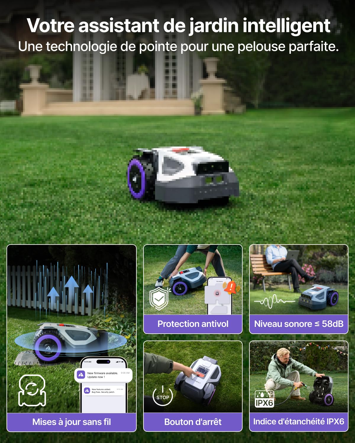 ANTHBOT Robot Tondeuse sans Fil Périphérique M9, 900-1000 m², Navigation RTK et Double Vision, évitement d'obstacles IA, Contrôle par Application