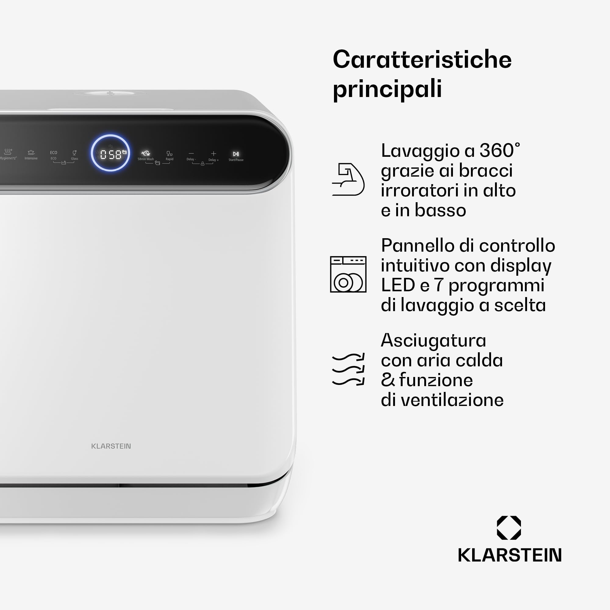 Klarstein Oceana Lavastoviglie da tavolo - Lavastoviglie compatta per 3 coperti, 7 programmi, 6 L di acqua, AquaStop, design portatile