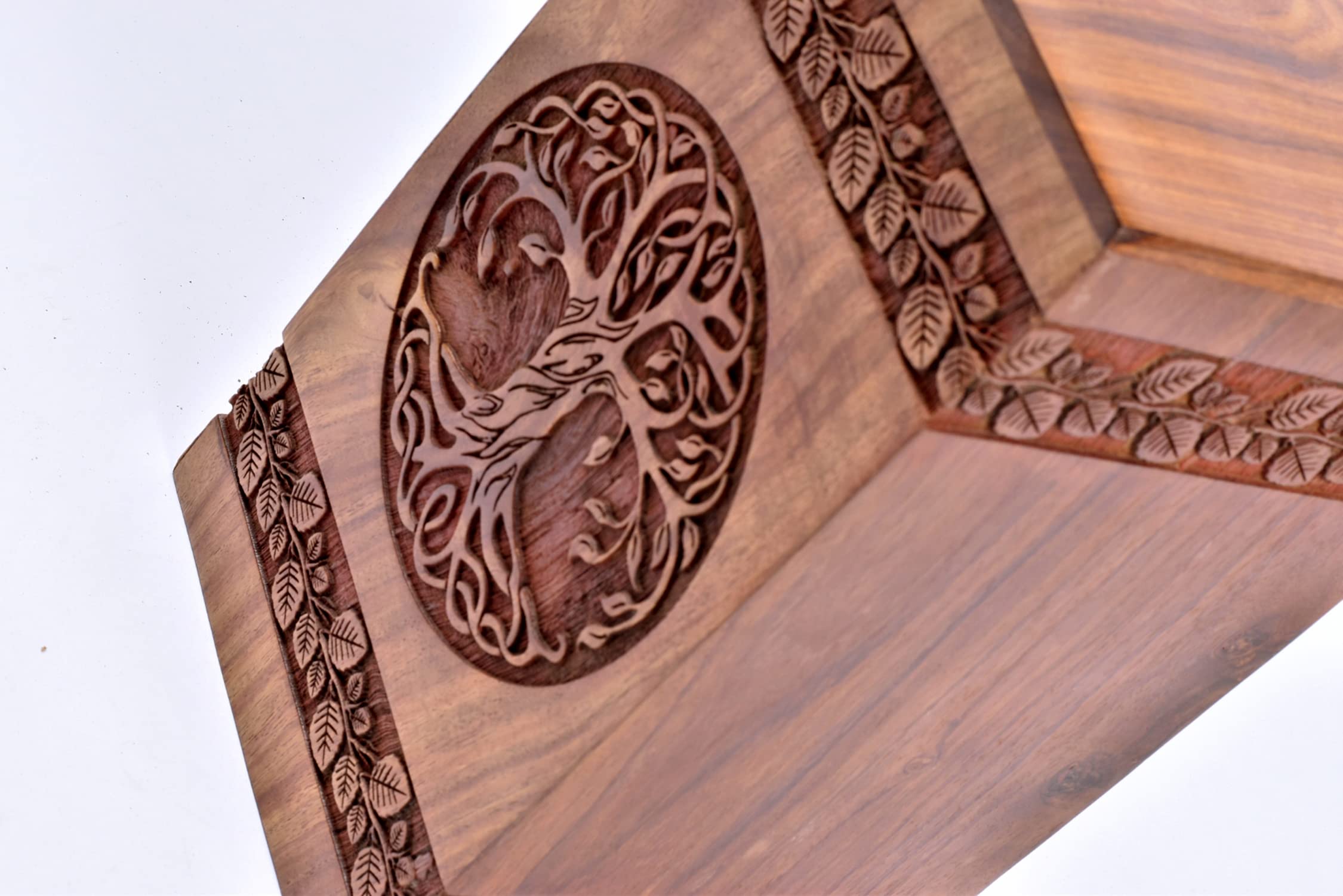 Tamanna crafts Palissander Urn voor menselijke as - Levensboom houten kist - gepersonaliseerde crematie-urn voor as, handgemaakte grote houten urndoos (S(8 x 4,75 inch) 115CU, rozenhout witte boom 09