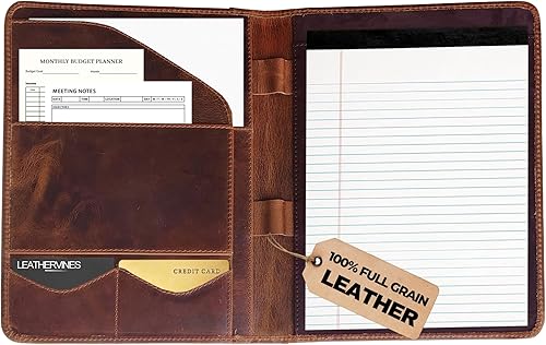 Cartera de cuero organizador de negocios – Padfolio de cuero A4 para hombres y mujeres | Carpeta de documentos profesional con soporte para tarjetas
