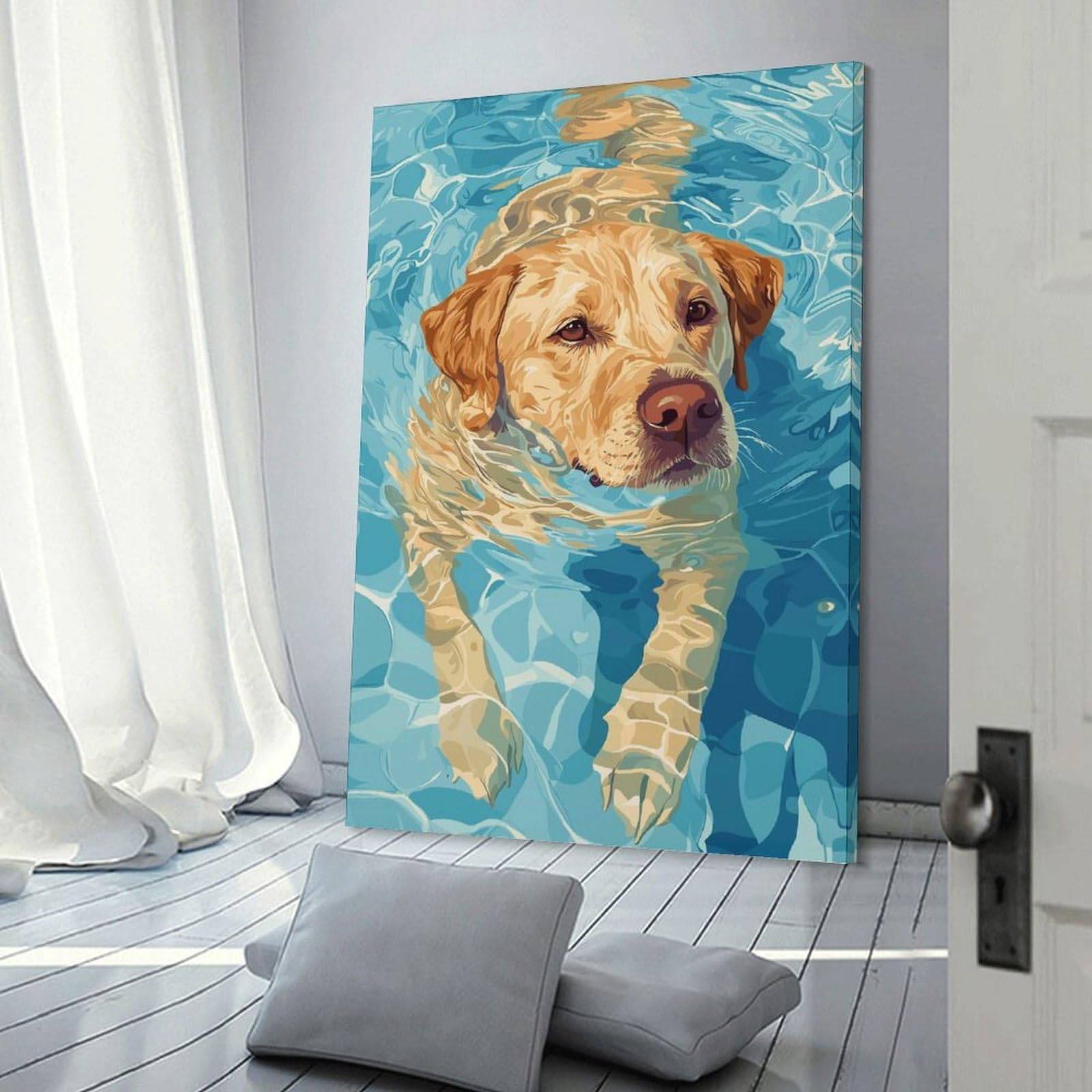 Junmoney Golden Retriever Swimming in Blue Water Hanging Wall Art 24x36inch(60x90cm), for Front Hall, Corridor Or Welcome Spaces, Wall Decor to Refresh Empty Corners
