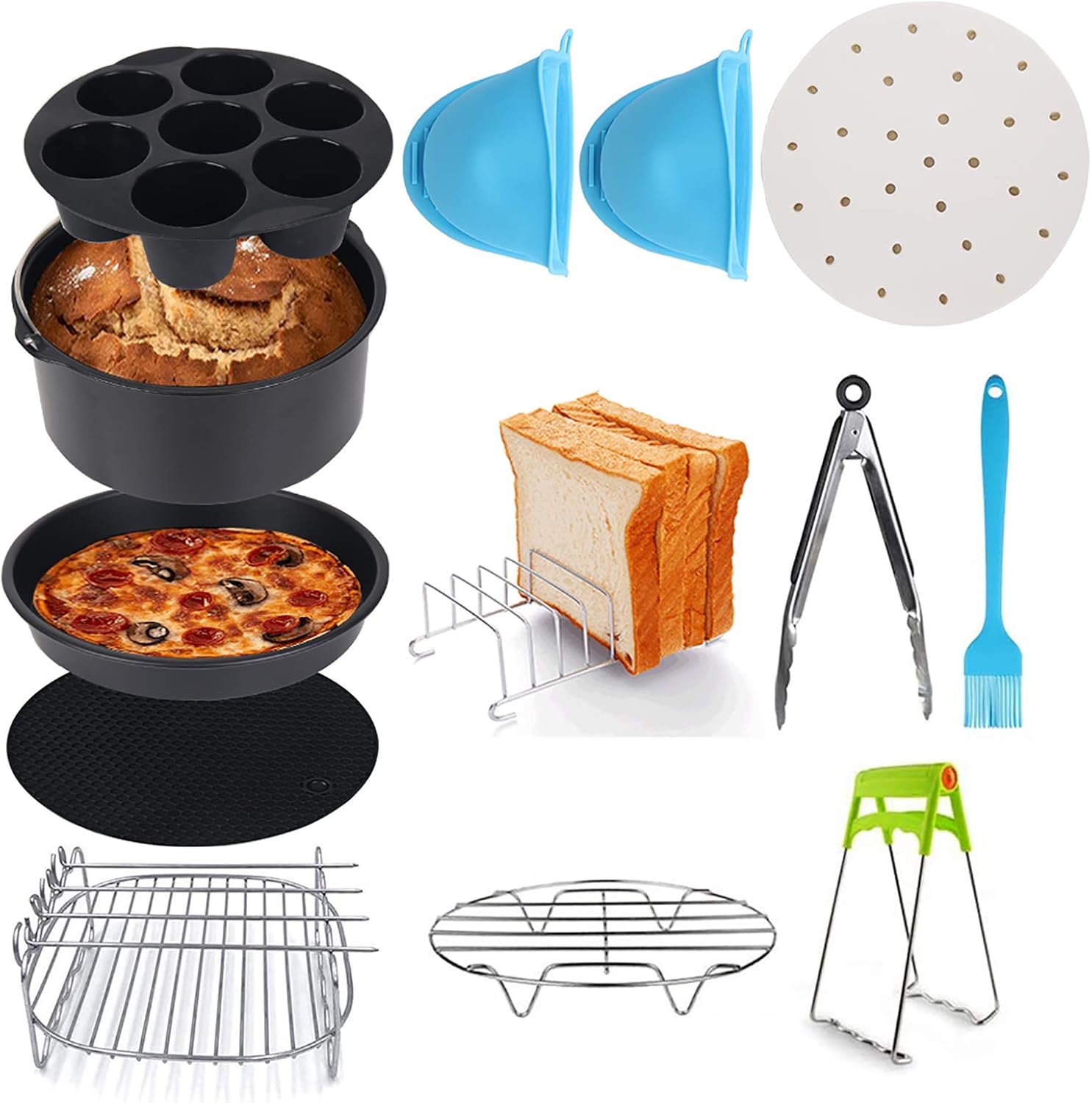 Newox Air Fryer Accessories, Set of 12, Fit all 3.7QT - 6.8QT Power Deep Hot Air Fryer with 8 Inch Cake Barrel, Pizza Pan, Cupcake Pan, Oven Mitts, Skewer Rack