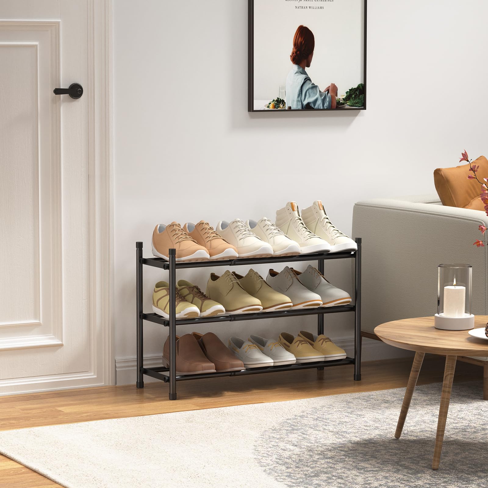 Zapatero expandible, zapatero de 3 niveles para armario, estante organizador de zapatos de metal ajustable apilable, estantes pequeños para entrada de puerta delantera, entrada (negro) 2