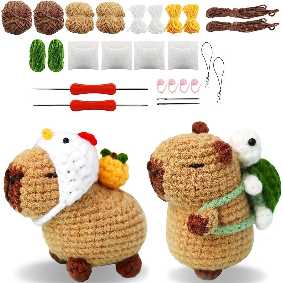 Xianyiss Brown Brown Capybara Crochet Animal Knitting Kit, 2 Pcs Brown Capybara Crochet Kit, Knitting Accessories For Kids And Adults, Cute Capybara Crochet Kit For Beginners With Step-By-Step Video Tutorials