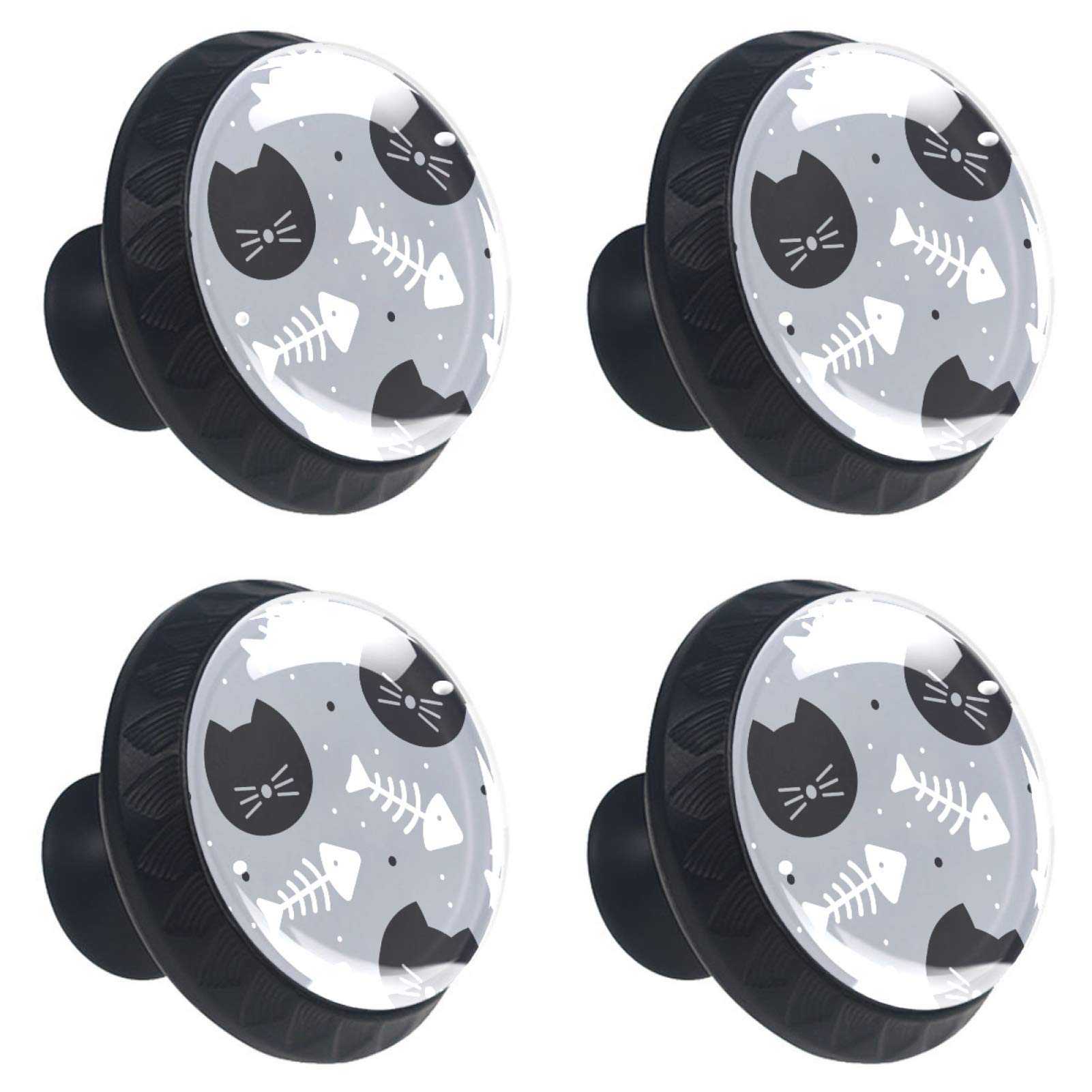 Boutons de tiroir en cristal chat noir et blanc 30mm | Lot de 4 pour meuble