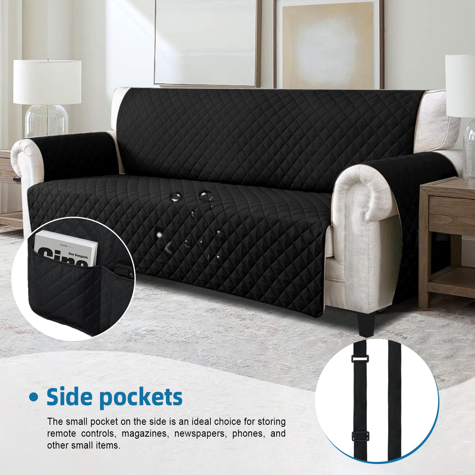 Jaotto Copridivano 2 Posti Impermeabile Copri Divano con Braccioli Fodere Copridivano Trapuntato con Tasche Laterali Copridivano Impermeabile per Animali,Nero