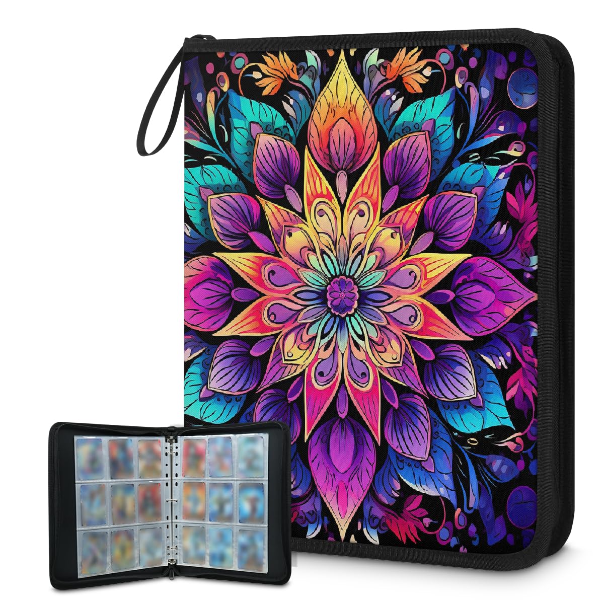 Carpeta de tarjetas coleccionables con 9 bolsillos, diseño de mandala colorida, étnico, bohemio, álbum de tarjetas con mangas extraíbles, impermeable, con cremallera, capacidad para 50 páginas y 900