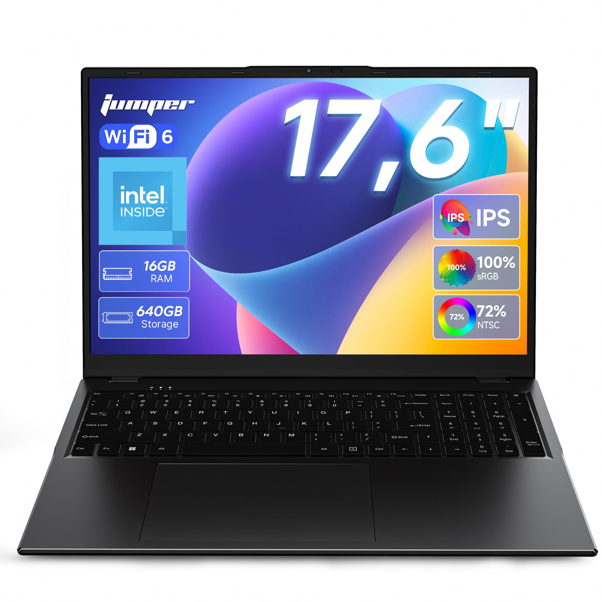 jumper 17.6 Inch Laptop, N95 CPU,16GB LPDDR5 640GB Storage,100% sRGB FHD Display,Windows 11, Backlit Keyboard, WiFi-6,7000mAh, DC Fast-Charging,Laptops for Students and Business