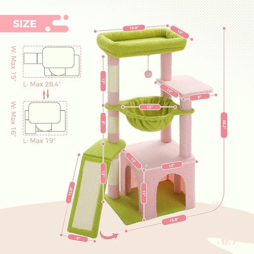Miniatura 51 de PEQULTI Torre de árbol para gatos de interior con condominio privado acogedor para gatos, postes rascadores de sisal natural y pompón de felpa