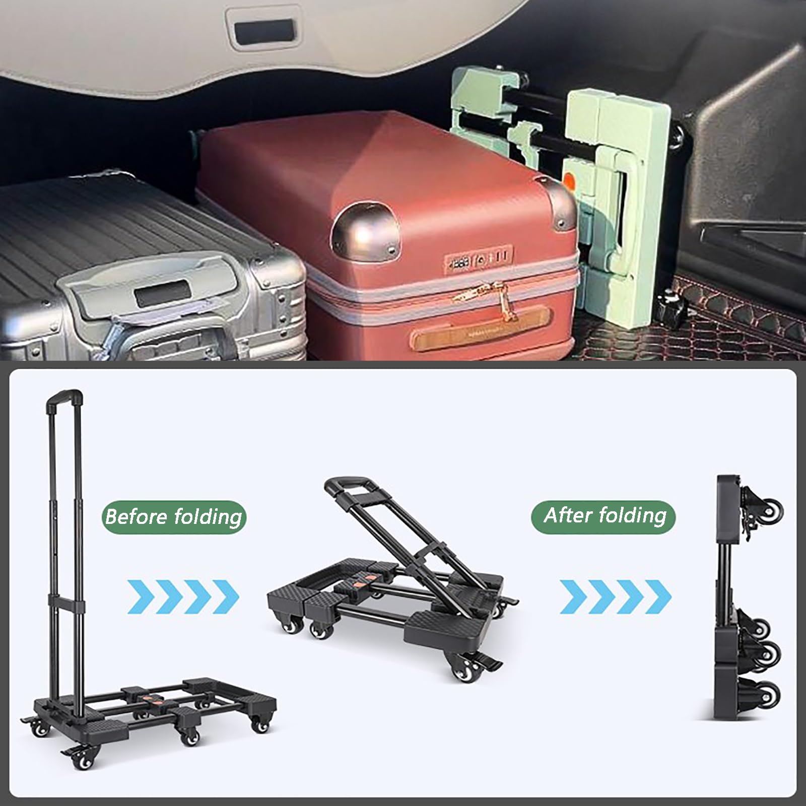 Plattformwagen, Tragfähigkeit 200 kg, verstellbare Zugstangenhöhe, for Umzug, Reisen(Black,Small)
