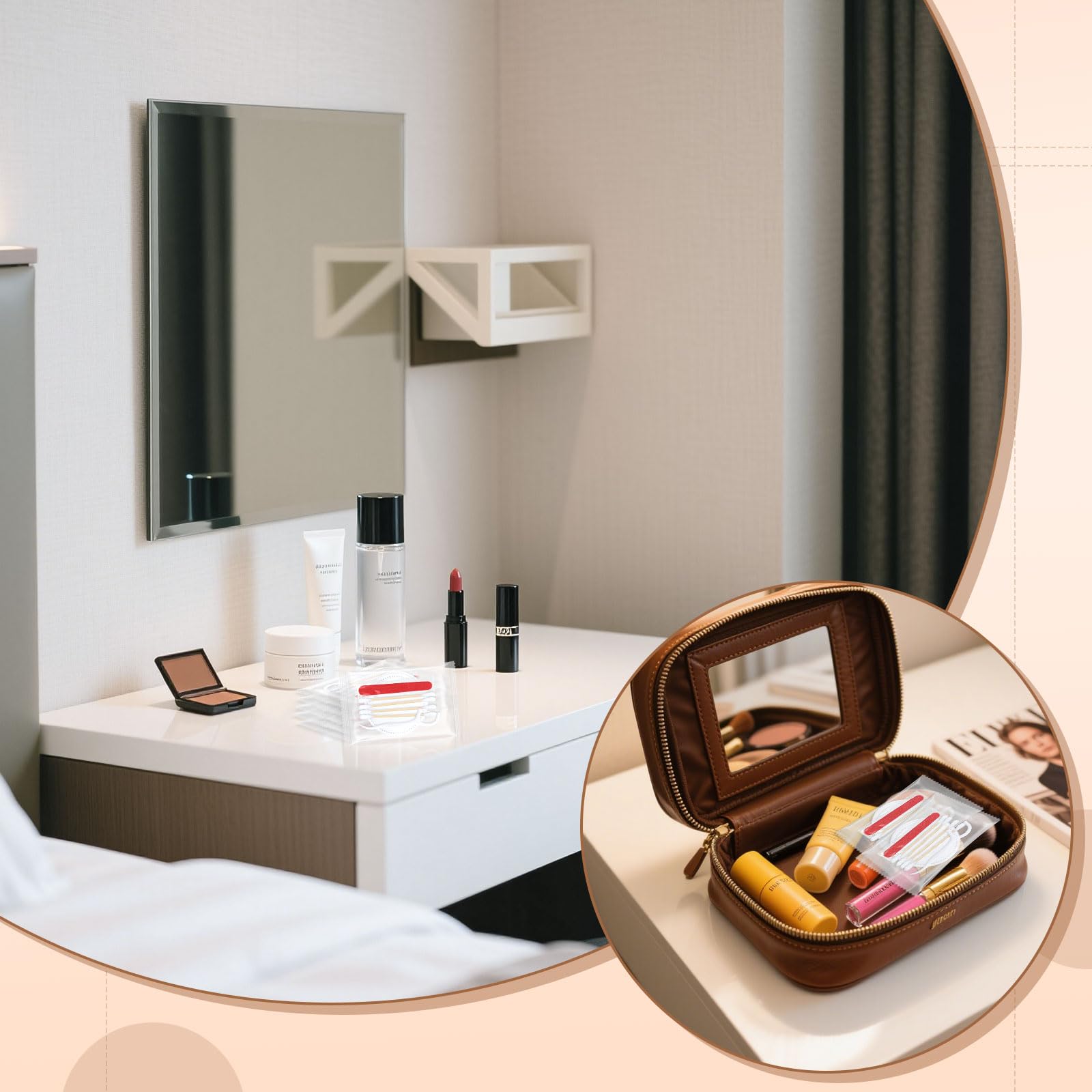 Kits de tocador a granel, tocador de hotel empaquetado individualmente, kit de tocador con almohadillas de algodón, hisopos de algodón, hilo dental y lima de uñas (100 piezas)