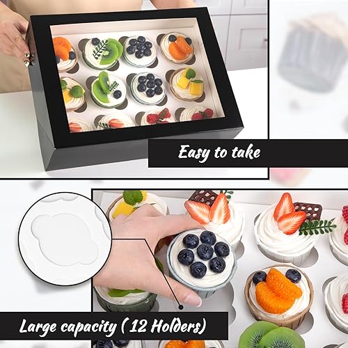 Miniatura 3 de VGOODALL 6 recipientes para cupcakes con ventana, soporte negro para cupcakes con inserto de caja de pastelería, 12 unidades con capacidad para 72
