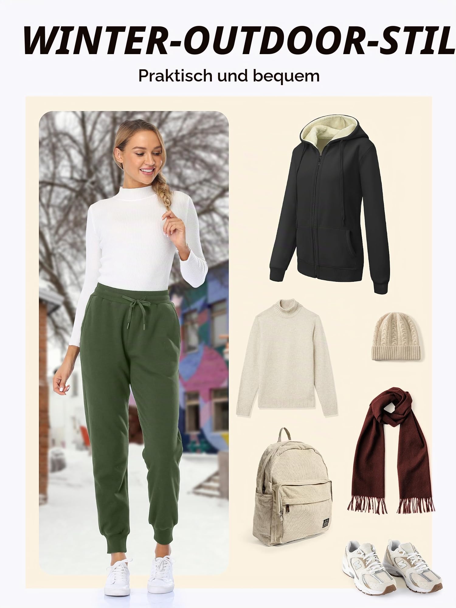 MOVE BEYOND Gefütterte Jogginghose Damen Warm Thermo Fleecehose Winter Verdickte Kuschelhose mit 2 Taschen Sherpa-Innenfutter Kordelzug Sweathose