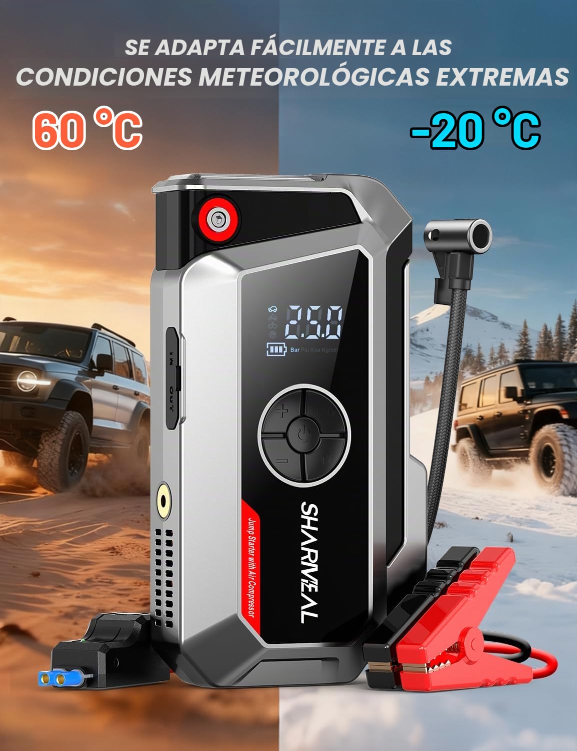 SHARMEAL 10000A Arrancador de Baterias de Coche con Compresor, 250PSI Inflador de Neumáticos, 12V, Arrancador de Coches para Vehículo (Todo Gasolina o 12L Diésel), Pantalla LCD, Luz de Emergencia