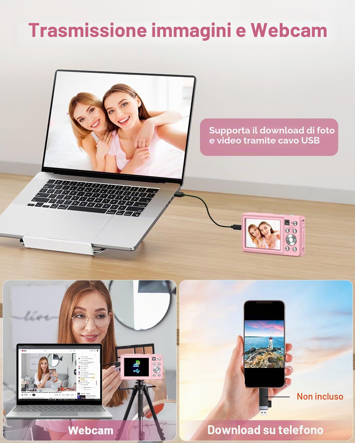 Fotocamera digitale 4K 64MP, Macchina Fotografica Digitale doppia fotocamera con autofocus, flash, zoom 16X, scheda da 32 GB, fotocamera per bambini, adolescenti, e principianti - rosa
