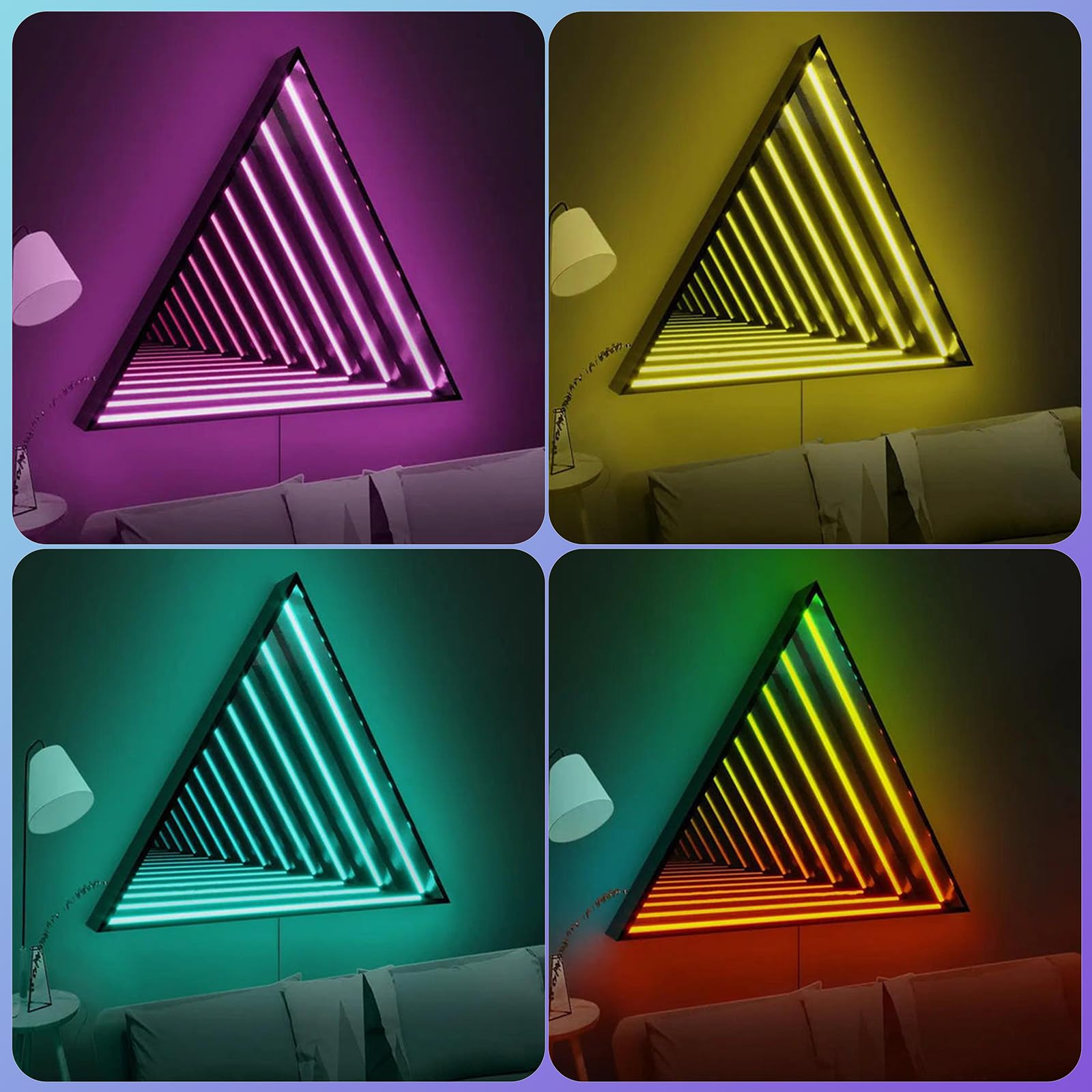 3D-Infinity-Spiegelleuchte, 30,5 cm, dreieckig, LED-Tunnel-Wandleuchte mit 358 LEDs, App und Fernbedienung, RGB-Farbwechsel, Spiegel für Spielzimmer, Party, Bar, geometrische