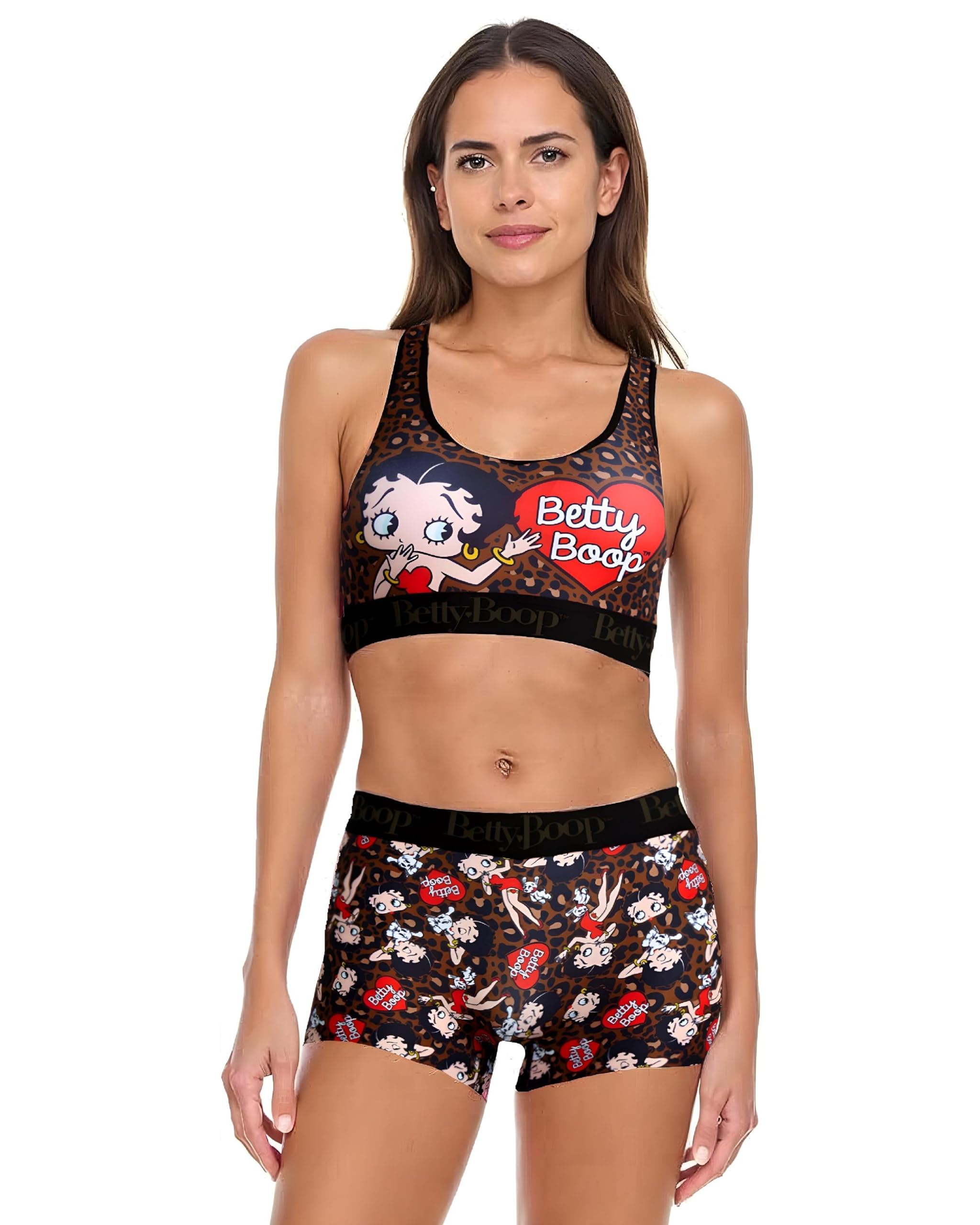 COCO BRANDS Betty Boop Bratz Womens Sports Bras Set - 2 Piece Removable Pads Racerback Sports Bra & Boxer Briefs, Leopard Betty Boop Heart Print, S