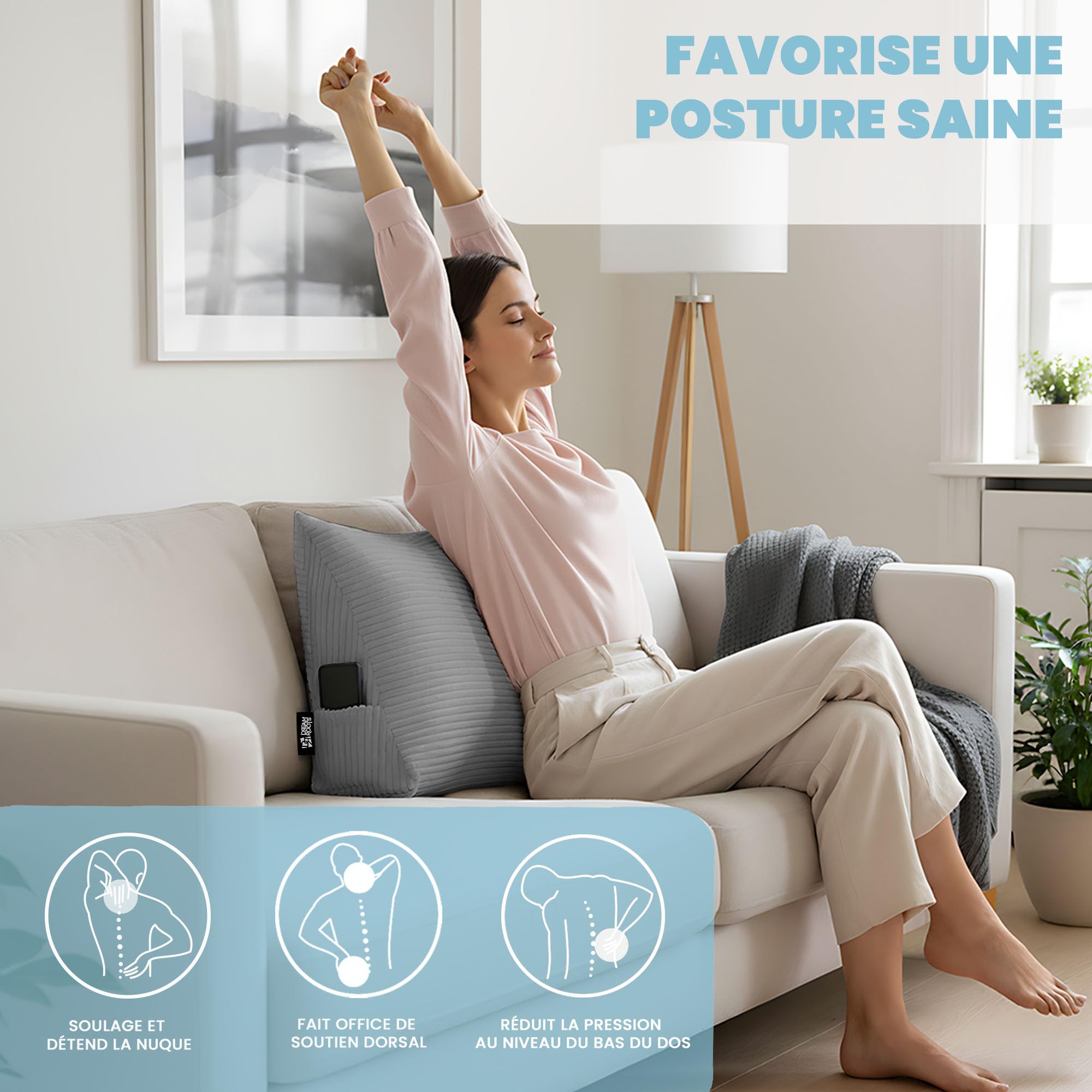DreamRoots Coussin Dossier Triangulaire Lecture, Tête de Lit, Gris Foncé | Coussin d'appui mural, soutien dorsal, dossier canapé & lit, 70x40x20 cm, velours côtelé, déhoussable lavable, poche