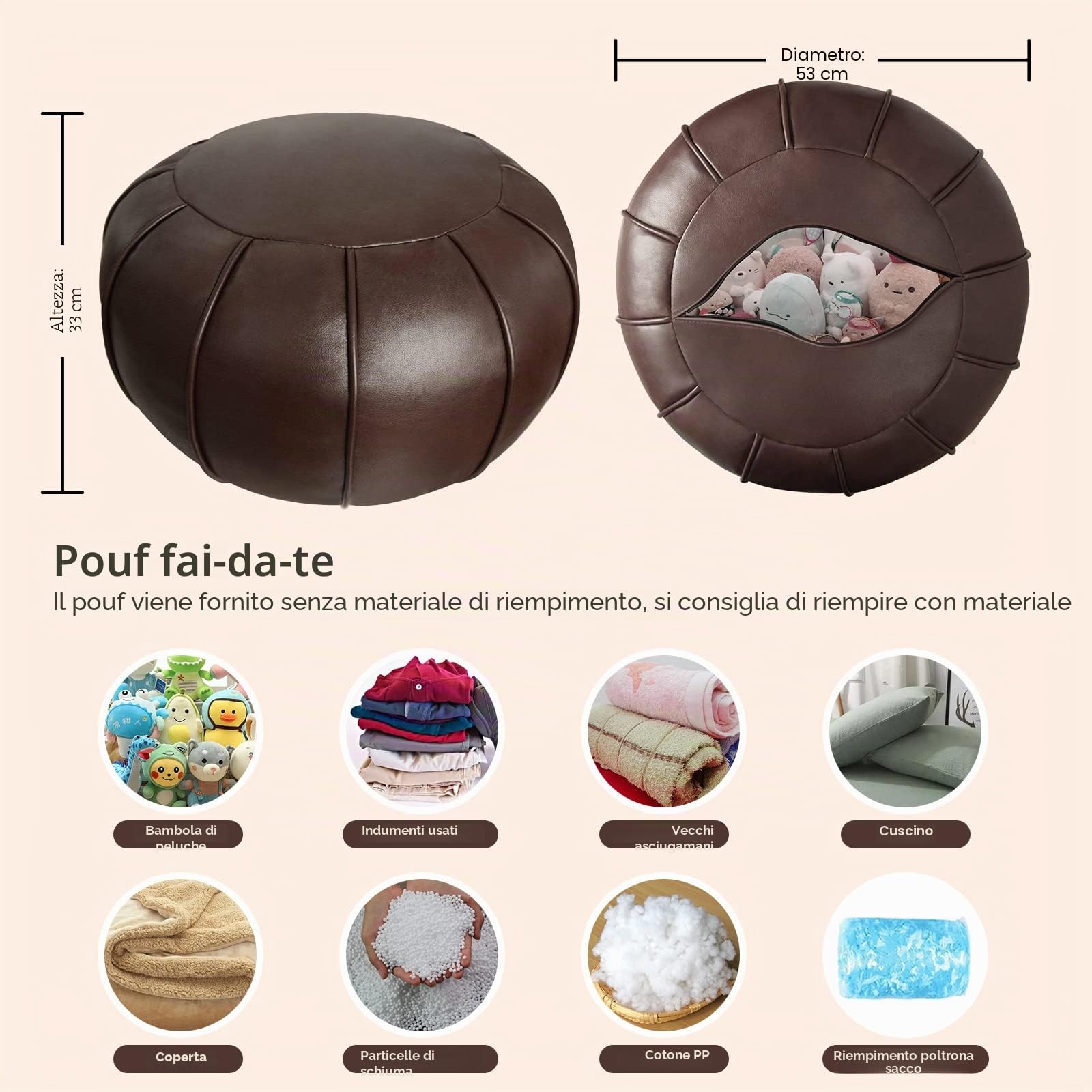 Louis Donné, Pouf artigianale in pelle di prima qualità, realizzato a mano, non imbottito, copertura ottomana, poggiapiedi, cuscino rotondo (marrone scuro)