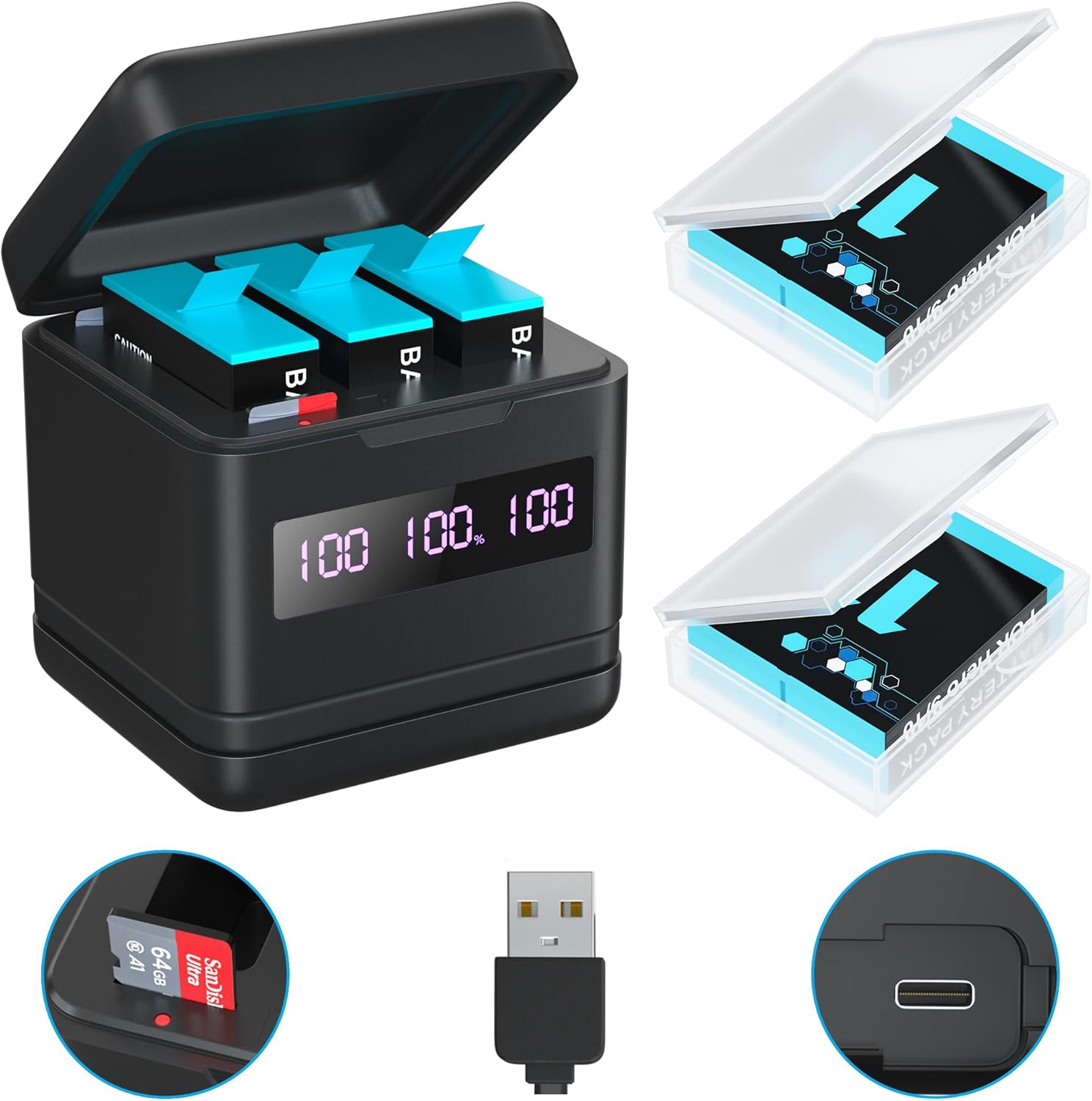 2 Pack Batteries for Hero 9/10/11/12 2000mAh and Storage Quick Charger with High Speed Micro SD Card Reader Function, Fully Compatible with The Original Battery and Charger for Hero 9/10/11/12