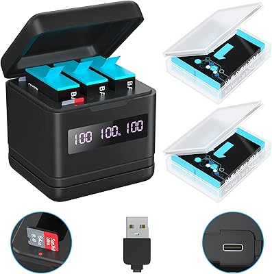 2 Pack Batteries for Hero 9101112 2000mAh and Storage Quick Charger with High Speed Micro SD Card Reader Function, Fully Compatible with The Original Battery and Charger for Hero 9101112