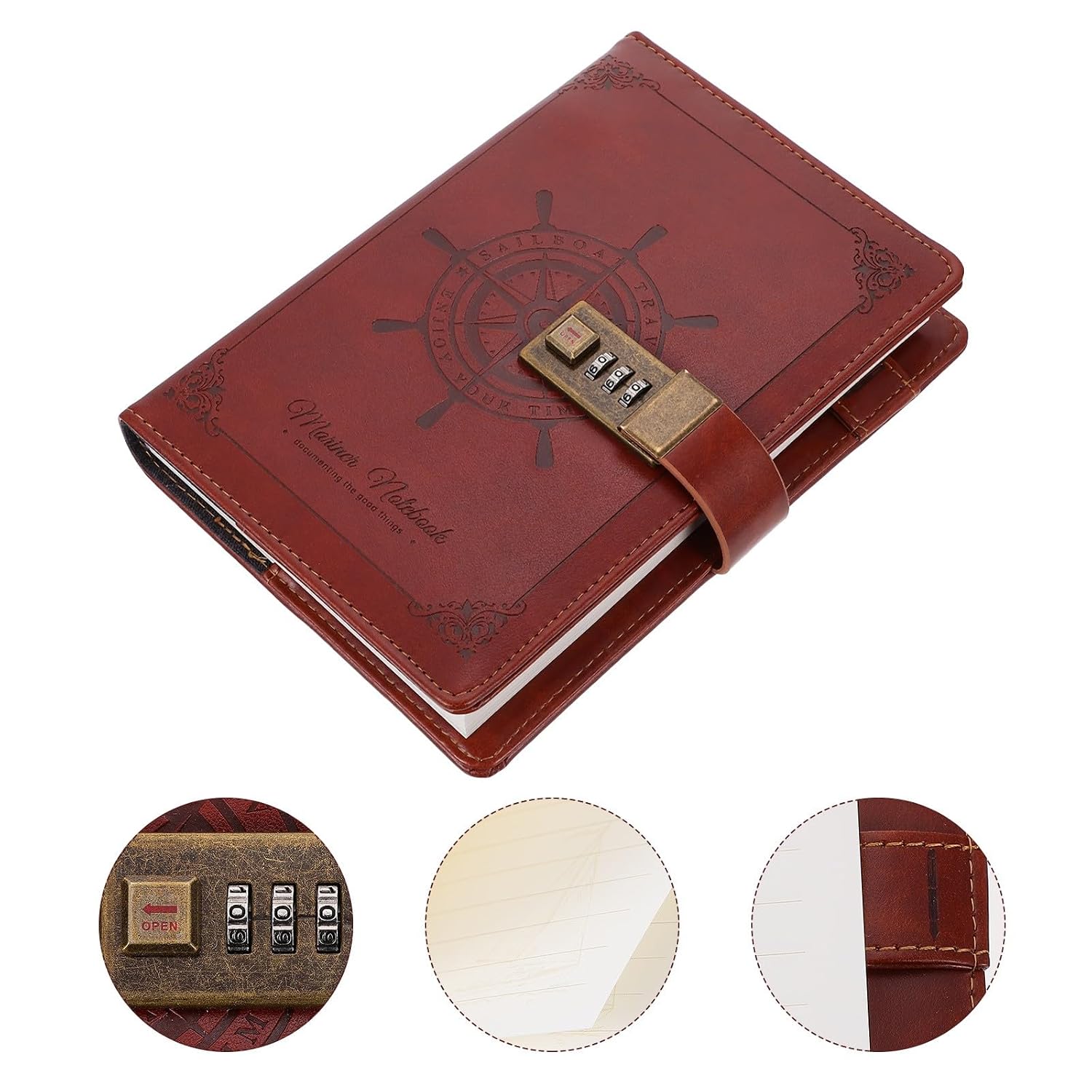 MOLUCKFU Vintage Pu Locking Journal Notebook with Combination Password Lock, Retro Writing Diary Book for Travel and Business Use, Brown Leather-style Notepad