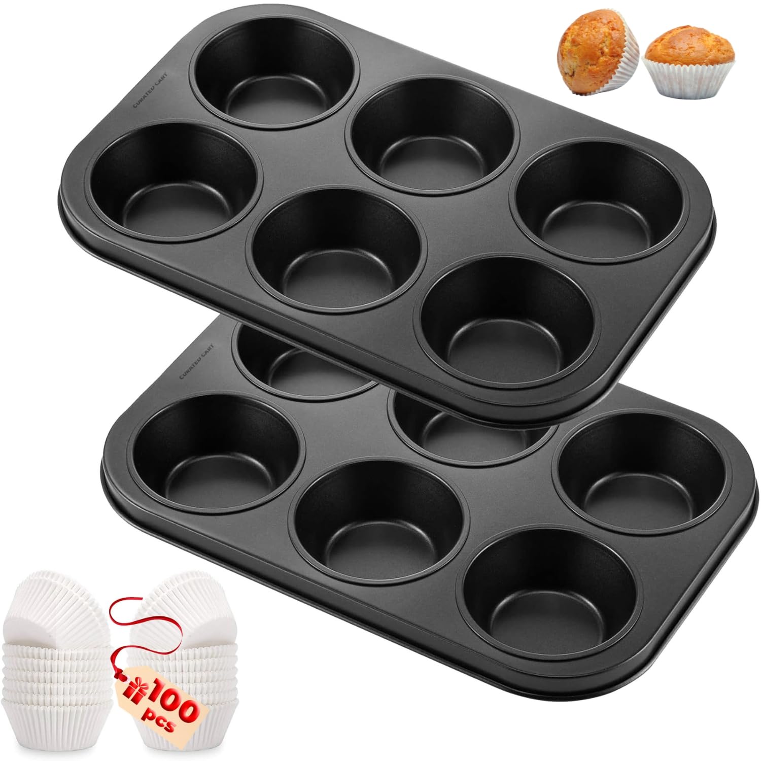 PureBake Muffin Pan Set - 6 Cavity Muffin Moulds for Baking with 100 Muffin Liners - Microwave and OTG Safe Cupcake Tray, Muffin Baking Tray for Microwave Oven, Cake & Cupcake Molds - Pack of 2