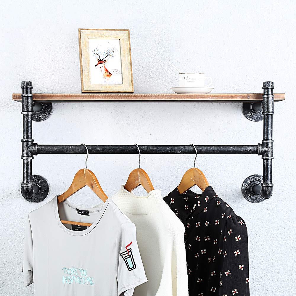 Buy Industrial Pipe Clothing Rack Wall ed with Real Wood Shelf,Pipe