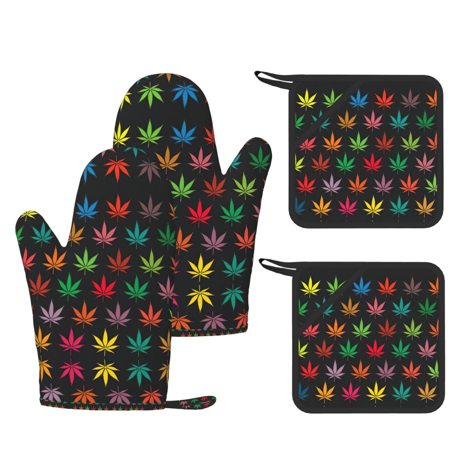 Herb Plant Leaves Printed Oven Mitts with Pocket and Hot Pads, Silicone Non-Slip Kitchen Gloves for Baking BBQ