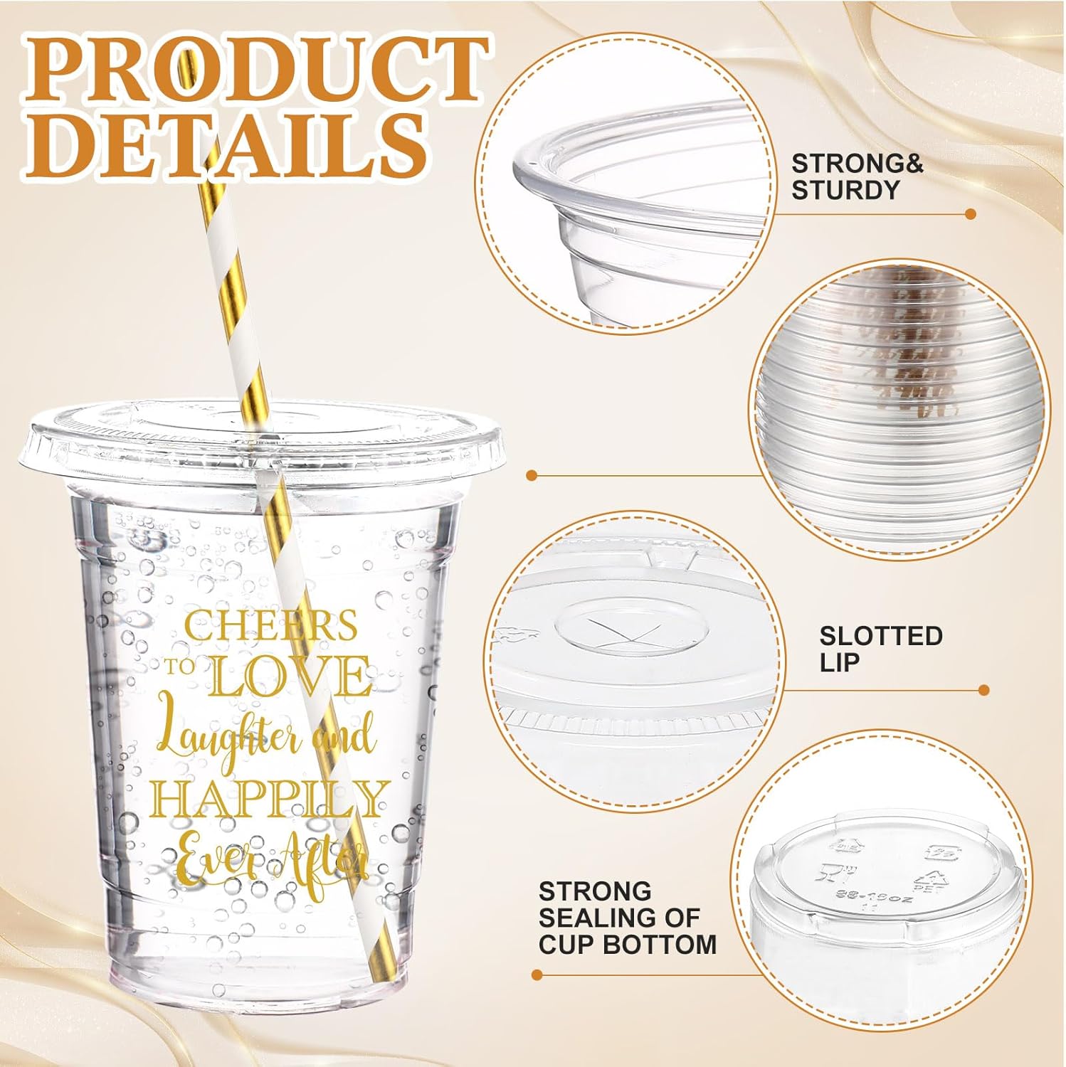 Funnymoom 50 Sets Wedding Plastic Cups with Lid and Straw Cheers to Love 16 oz Disposable Cup Clear Cold Beverage Drinking Glasses Bulk for Wedding Reception Bridal Shower Engagement Party Decoration