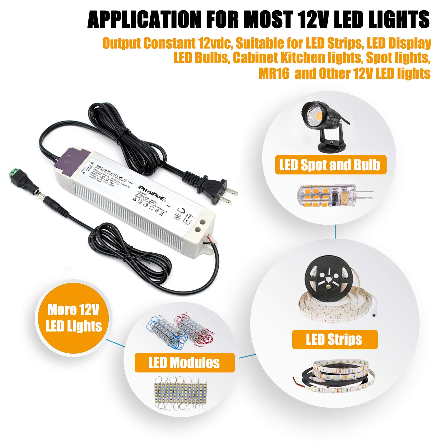 PLUSPOE controlador de fuente de alimentación TRIAC transformador regulable para tira de luz LED flexible (funciona con reguladores de corriente alterna de pared estándar)