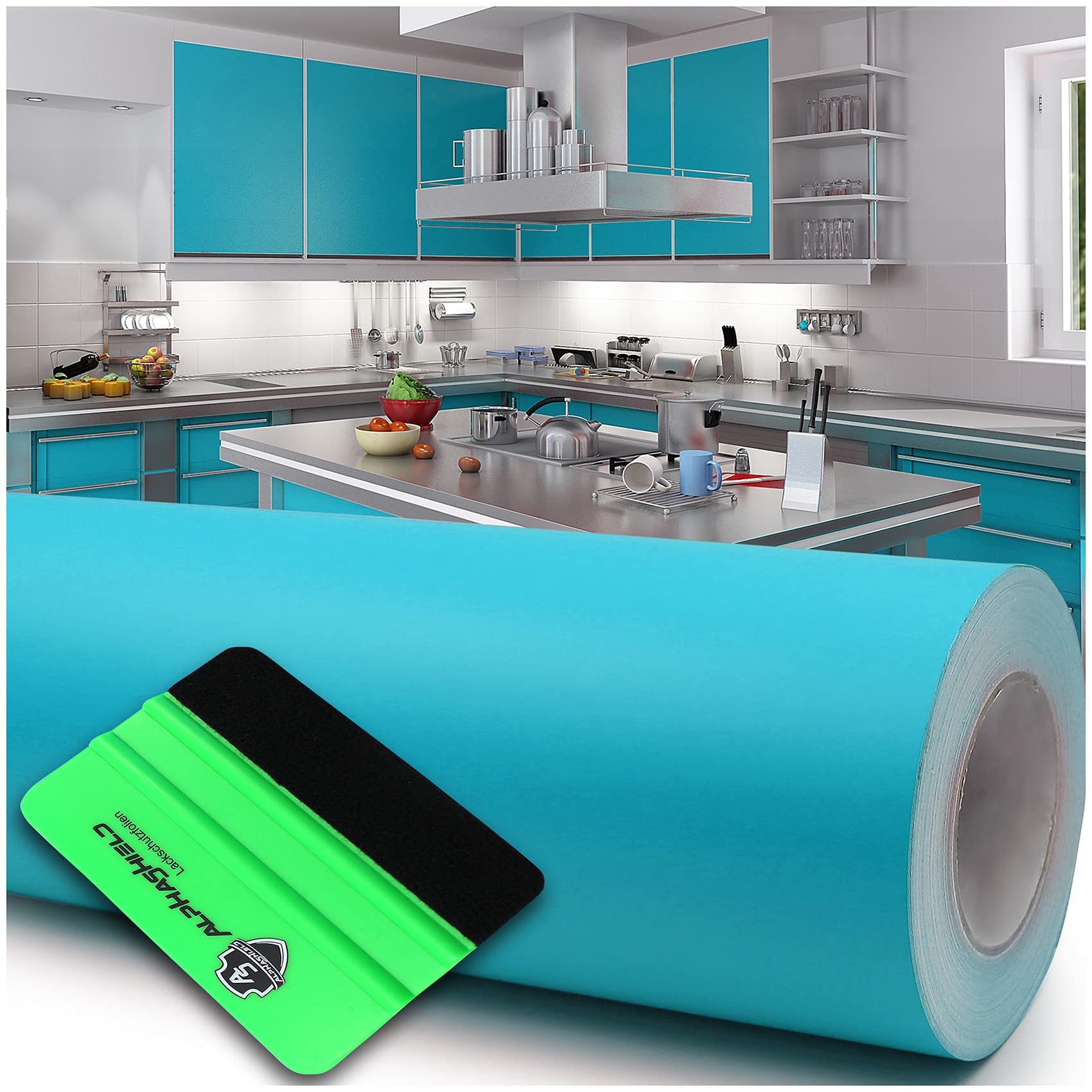Lámina adhesiva de 10 m x 63 cm para plóter + rasqueta brillante o mate, para muebles, cocina, baño, decoración (066 azul turquesa mate)