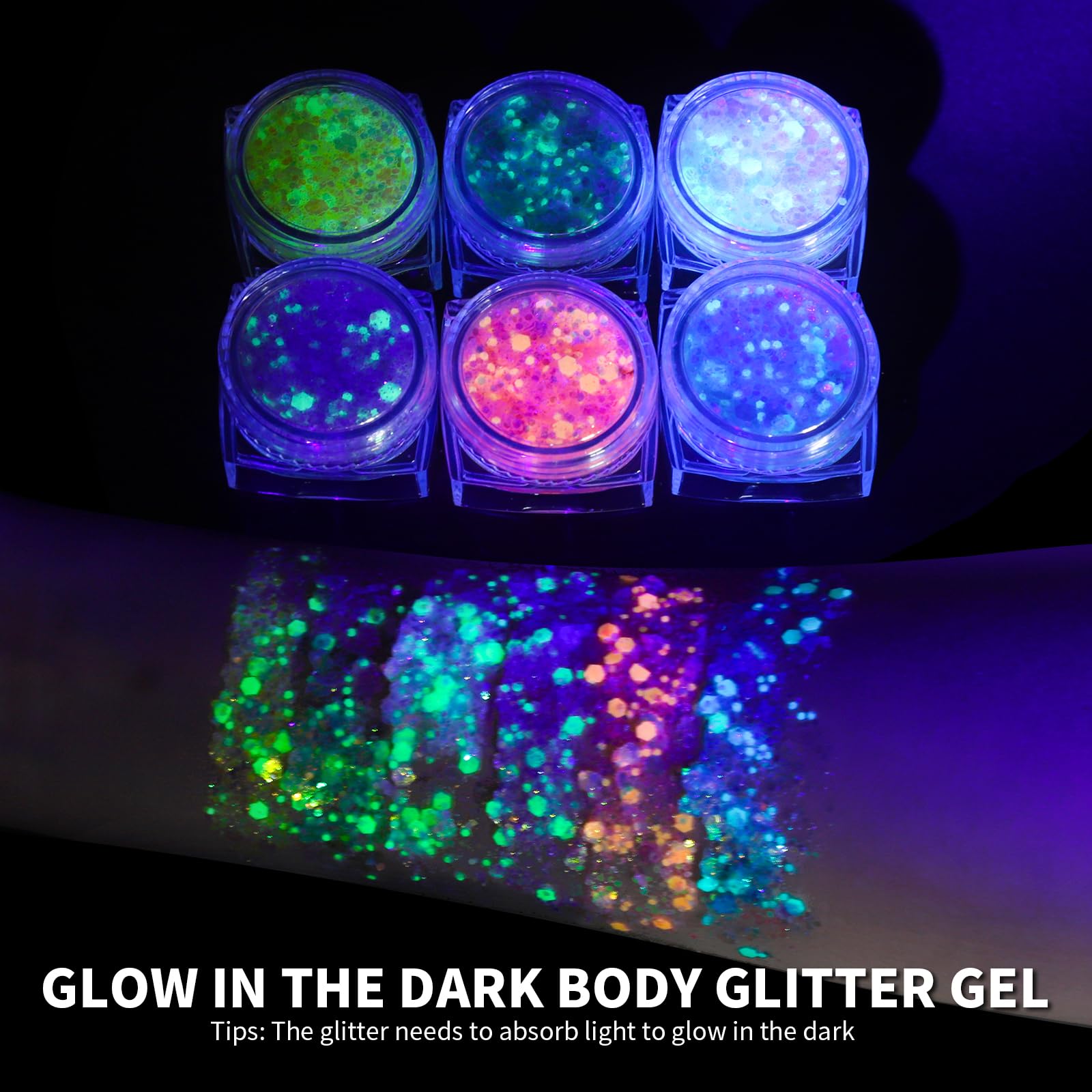 6 colores que brillan en la oscuridad, gel de purpurina facial, purpurina corporal para el cabello para Halloween, maquillaje, luz negra UV, fiesta, fiestas de animación, festivales 8