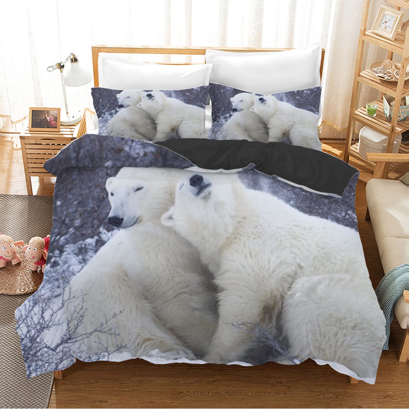 Parure de lit 220x240 ours gris avec housse de couette et taies d'oreiller