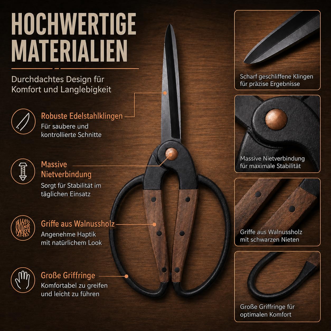 Traditionelle asiatische Bonsaischere, Pflanzenschere, Kräuterschere, Gartenschere, Blumenschere - aus schwarzem Edelstahl mit Walnussholzgriff