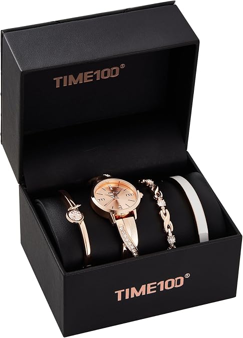 TIME100 Women's Bangle Watch and Gold Watch Chain Bracelets Premium Crystal Accented Bracelet Set W50888L