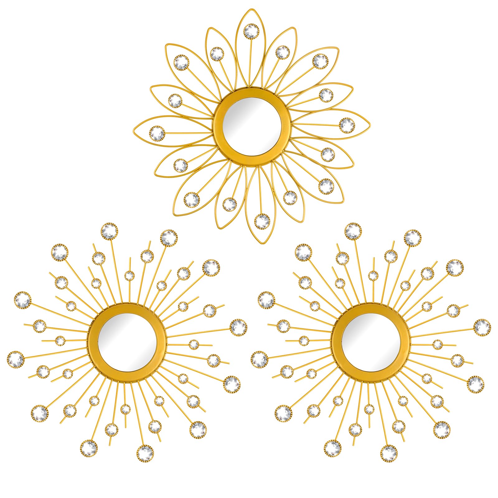 Wlicon Juego de 3 Piezas de Espejo de Pared de Sol de Cristal Decorado, Espejo de Piedra Rhein, para El Hogar, Sala de Estar, Entrada del Dormitorio