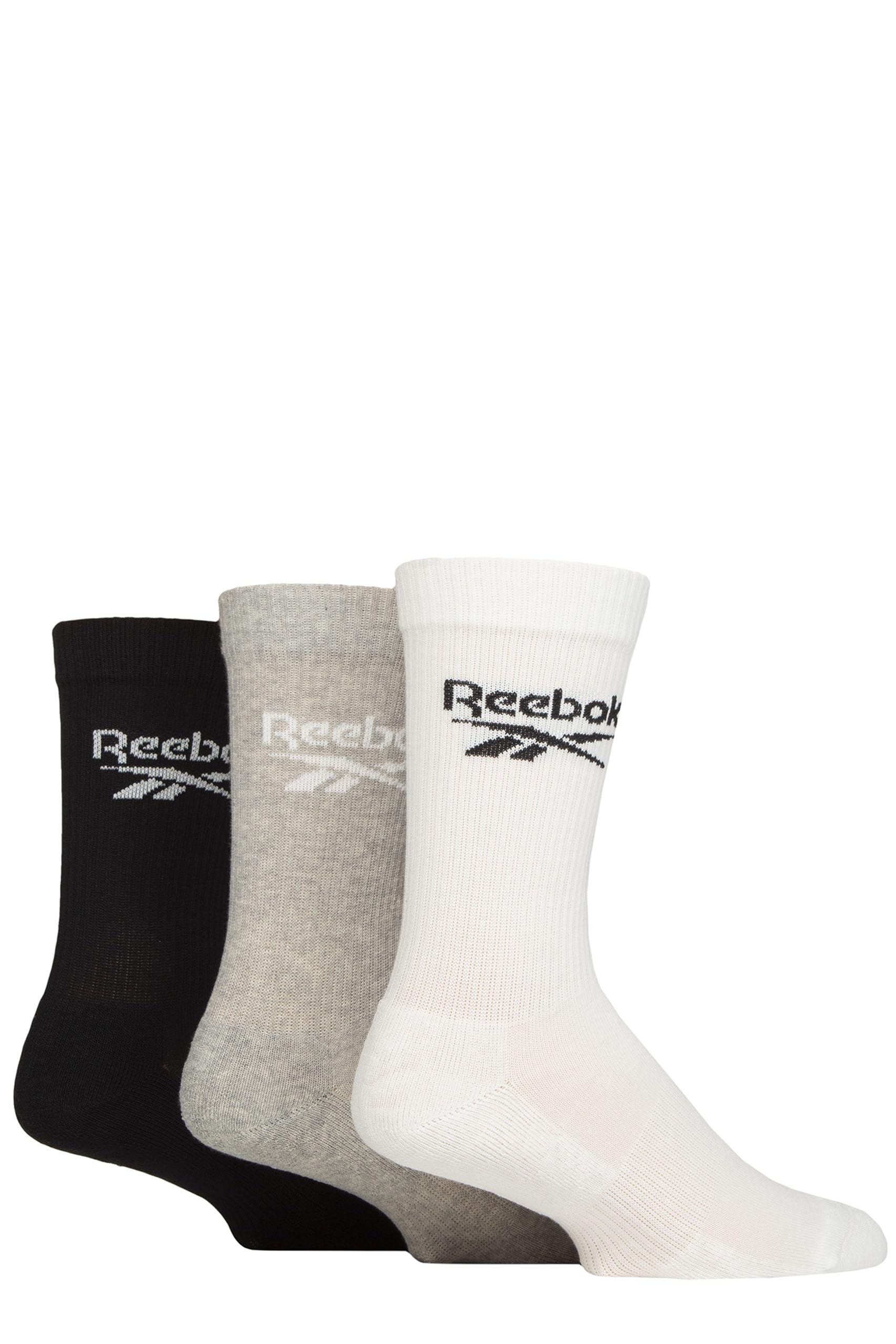 Reebok 'Core' Ribbed Cushioned Socks - Unisex, Mens & Ladies Soft Cotton Regular Crew Calf Length, Arch Support & Seamless Toes 3 Pairs Size Range UK 2.5-12.5 White/Grey/Black 11-12.5